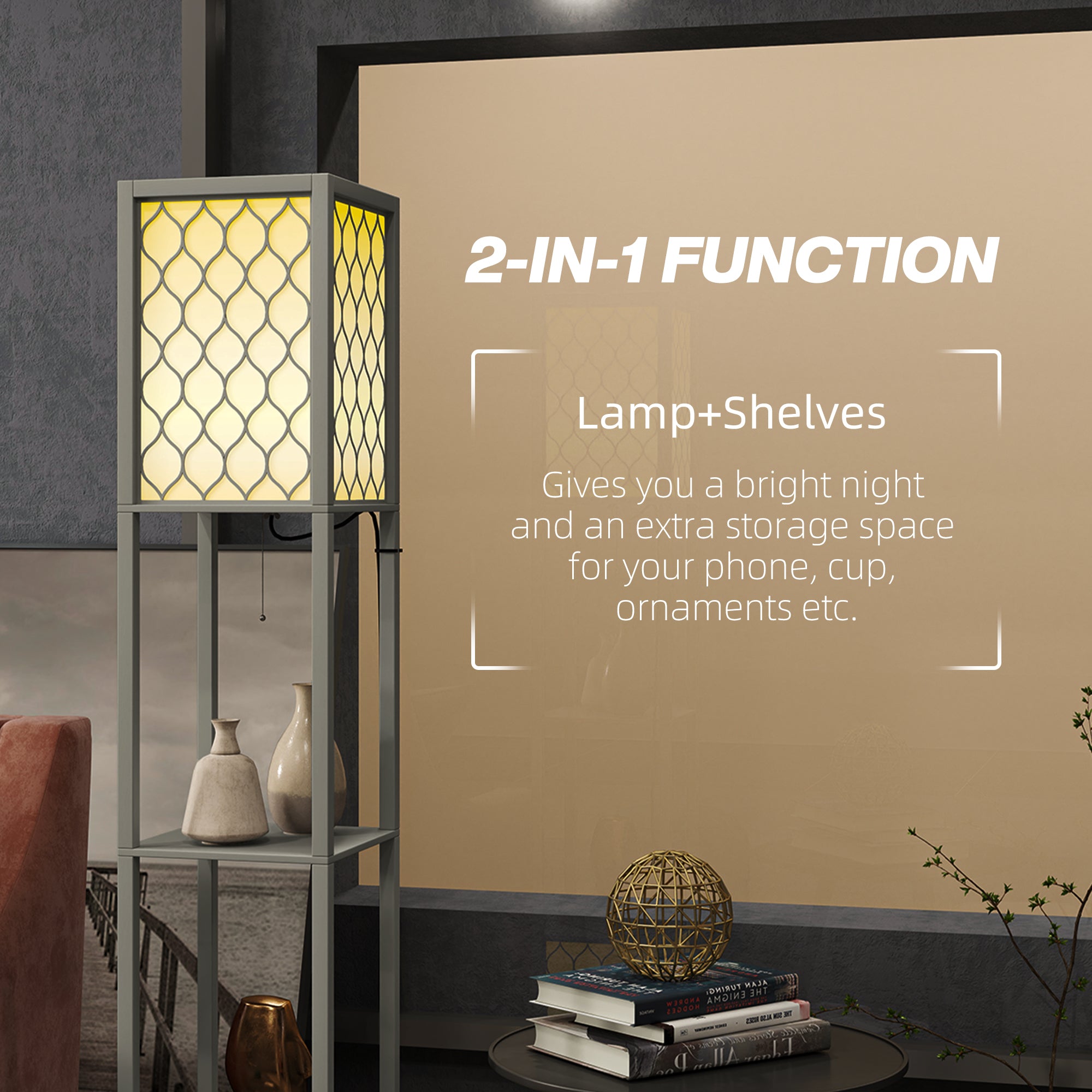 HOMCOM Floor Lamp with Shelves, Dual Light, Modern Tall Standing Lamps for Living Room, Bedroom, with Pull Chain Switch, Bulb not Included, Light Grey