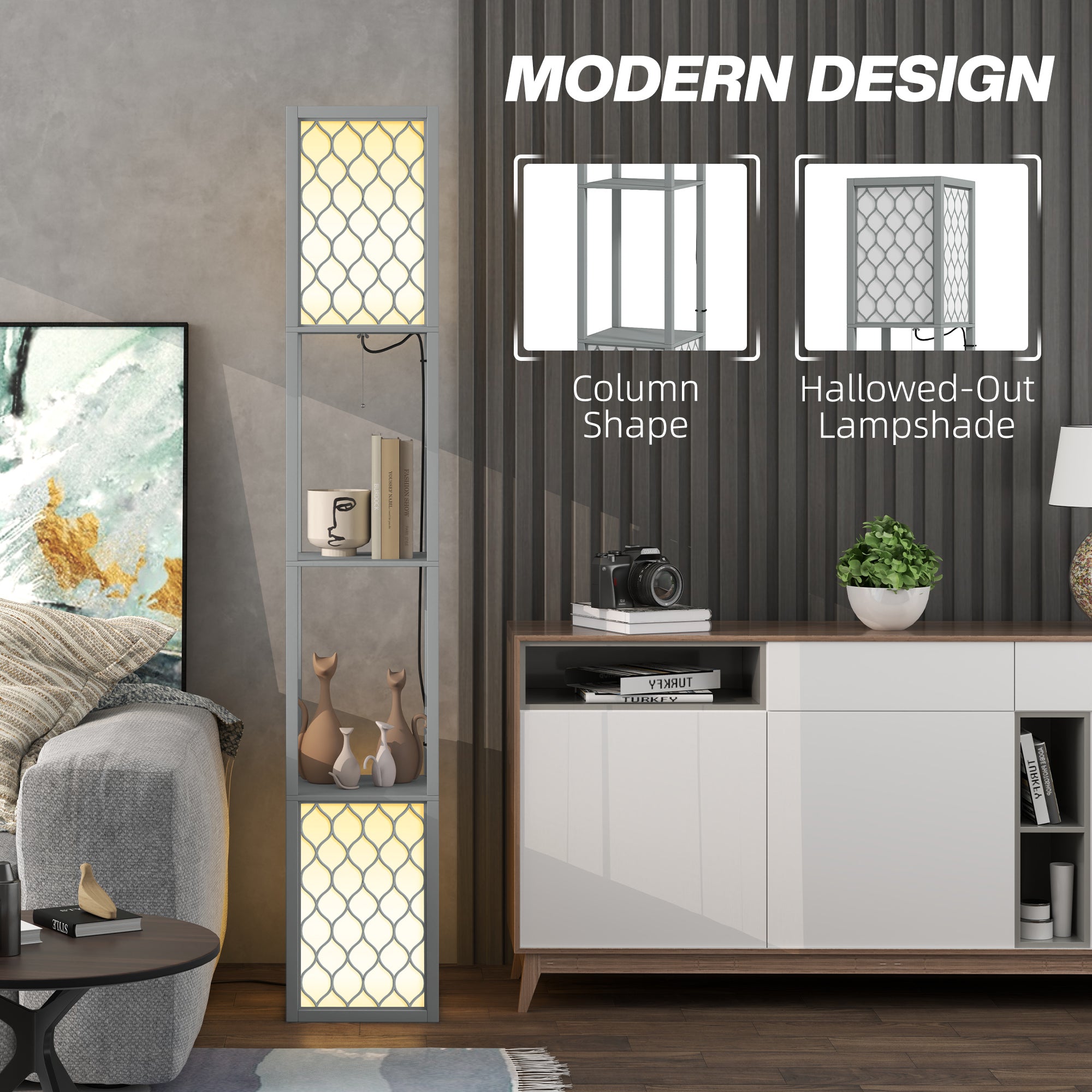 HOMCOM Floor Lamp with Shelves, Dual Light, Modern Tall Standing Lamps for Living Room, Bedroom, with Pull Chain Switch, Bulb not Included, Light Grey