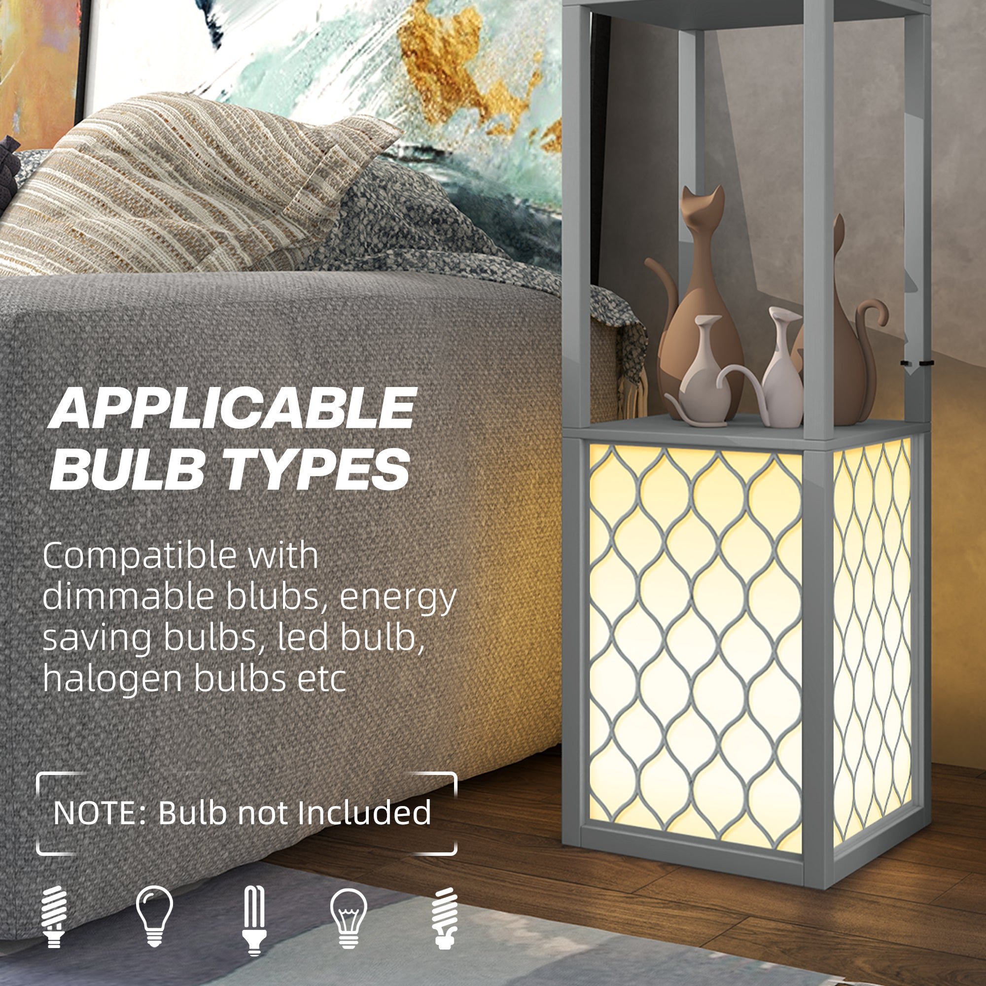HOMCOM Floor Lamp with Shelves, Dual Light, Modern Tall Standing Lamps for Living Room, Bedroom, with Pull Chain Switch, Bulb not Included, Light Grey
