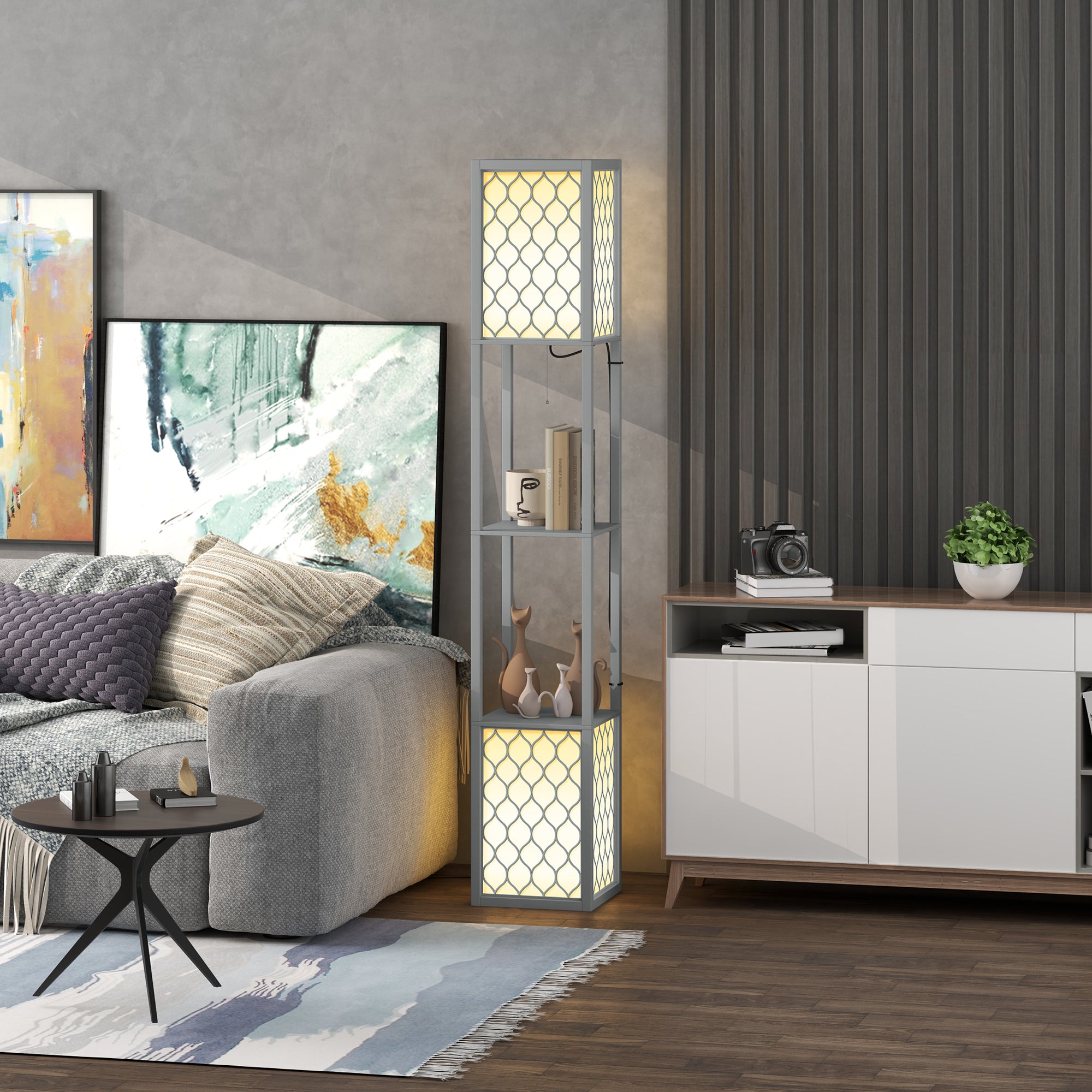 HOMCOM Floor Lamp with Shelves, Dual Light, Modern Tall Standing Lamps for Living Room, Bedroom, with Pull Chain Switch, Bulb not Included, Light Grey