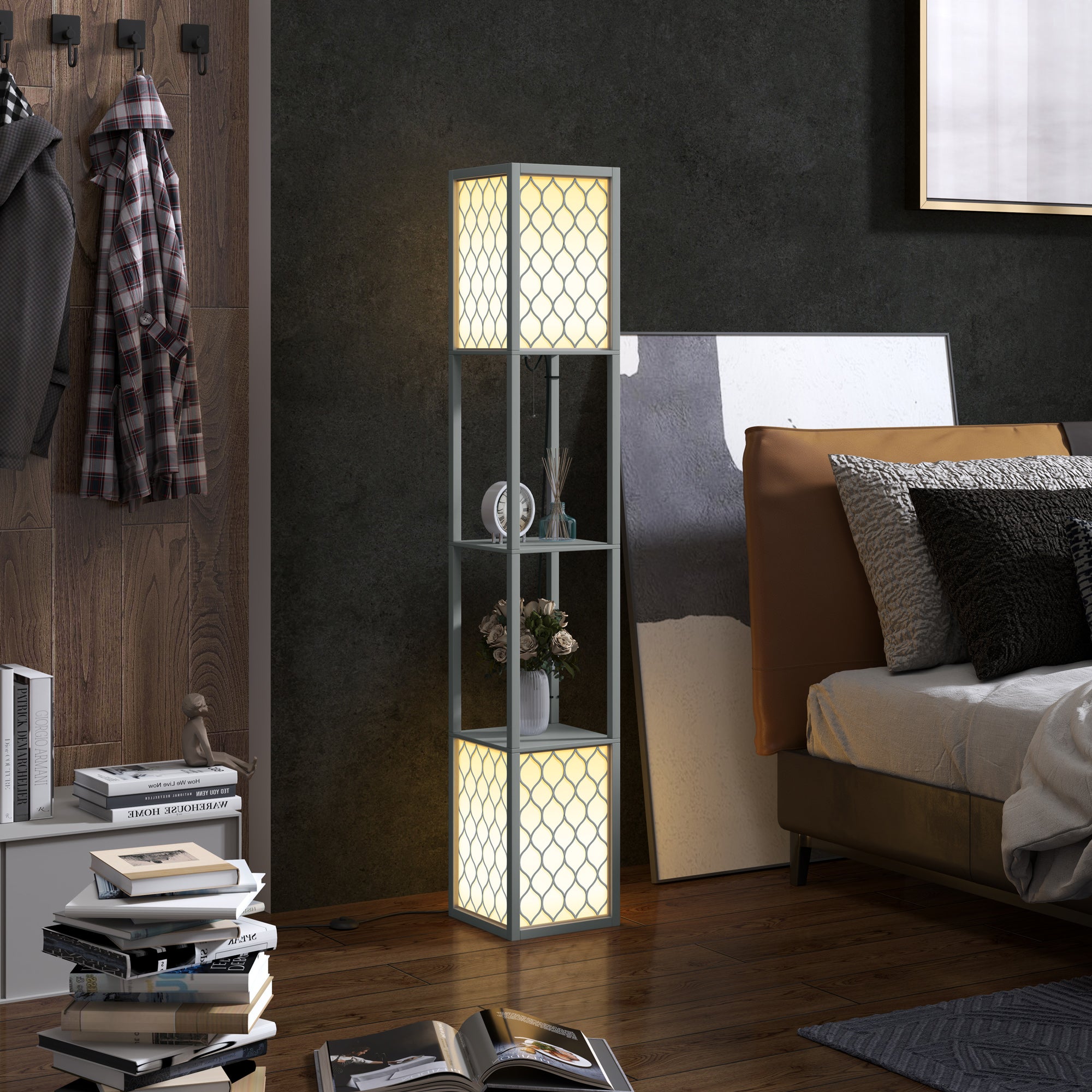 HOMCOM Floor Lamp with Shelves, Dual Light, Modern Tall Standing Lamps for Living Room, Bedroom, with Pull Chain Switch, Bulb not Included, Light Grey
