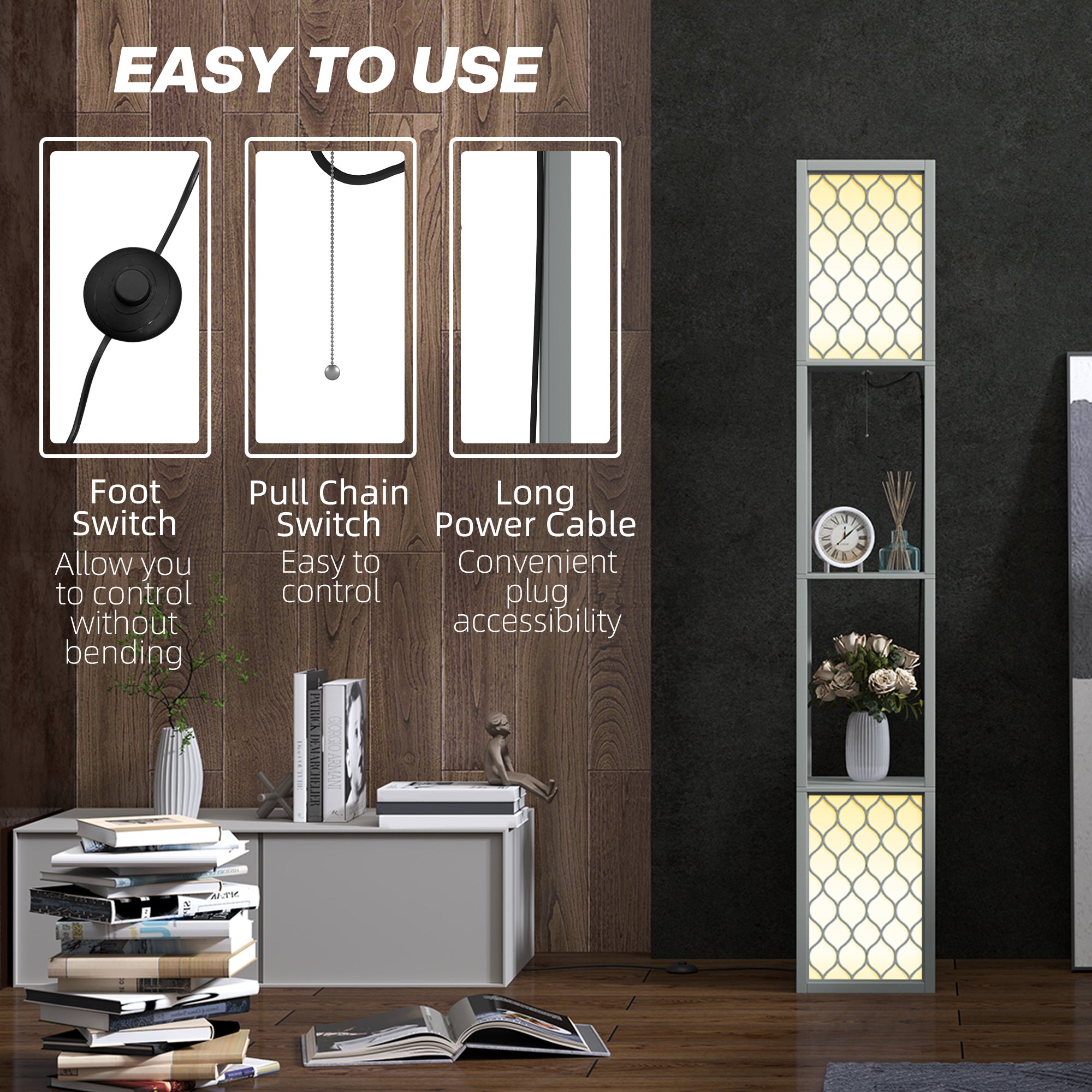 HOMCOM Floor Lamp with Shelves, Dual Light, Modern Tall Standing Lamps for Living Room, Bedroom, with Pull Chain Switch, Bulb not Included, Light Grey