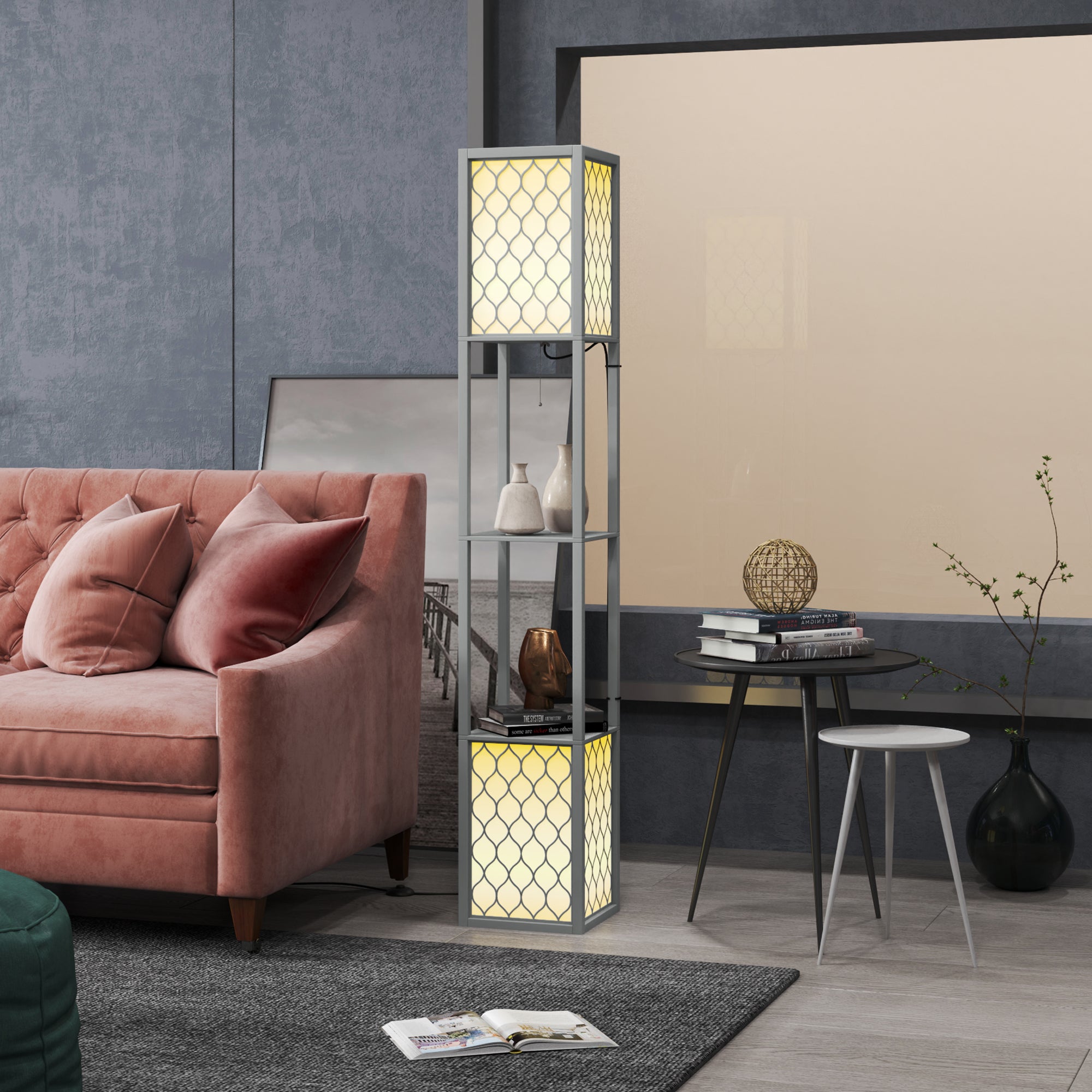 HOMCOM Floor Lamp with Shelves, Dual Light, Modern Tall Standing Lamps for Living Room, Bedroom, with Pull Chain Switch, Bulb not Included, Light Grey