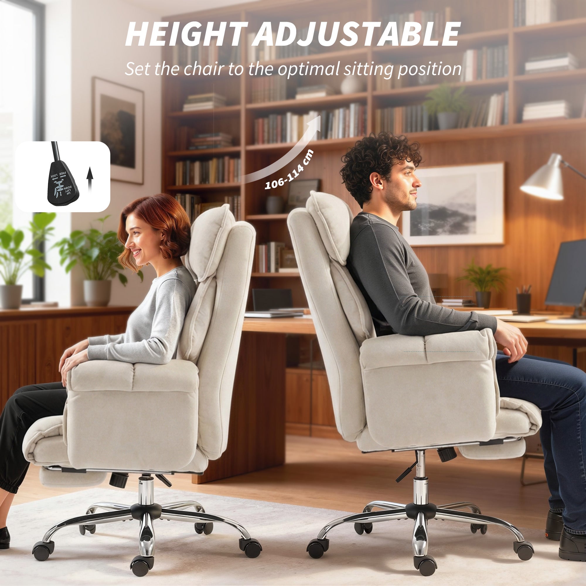 Executive Office Chair with Footrest, Reclining Swivel Computer Desk Chair with High Back, Double-layer Padding, Headrest, Adjustable Height, Rolling Wheels, Cream White