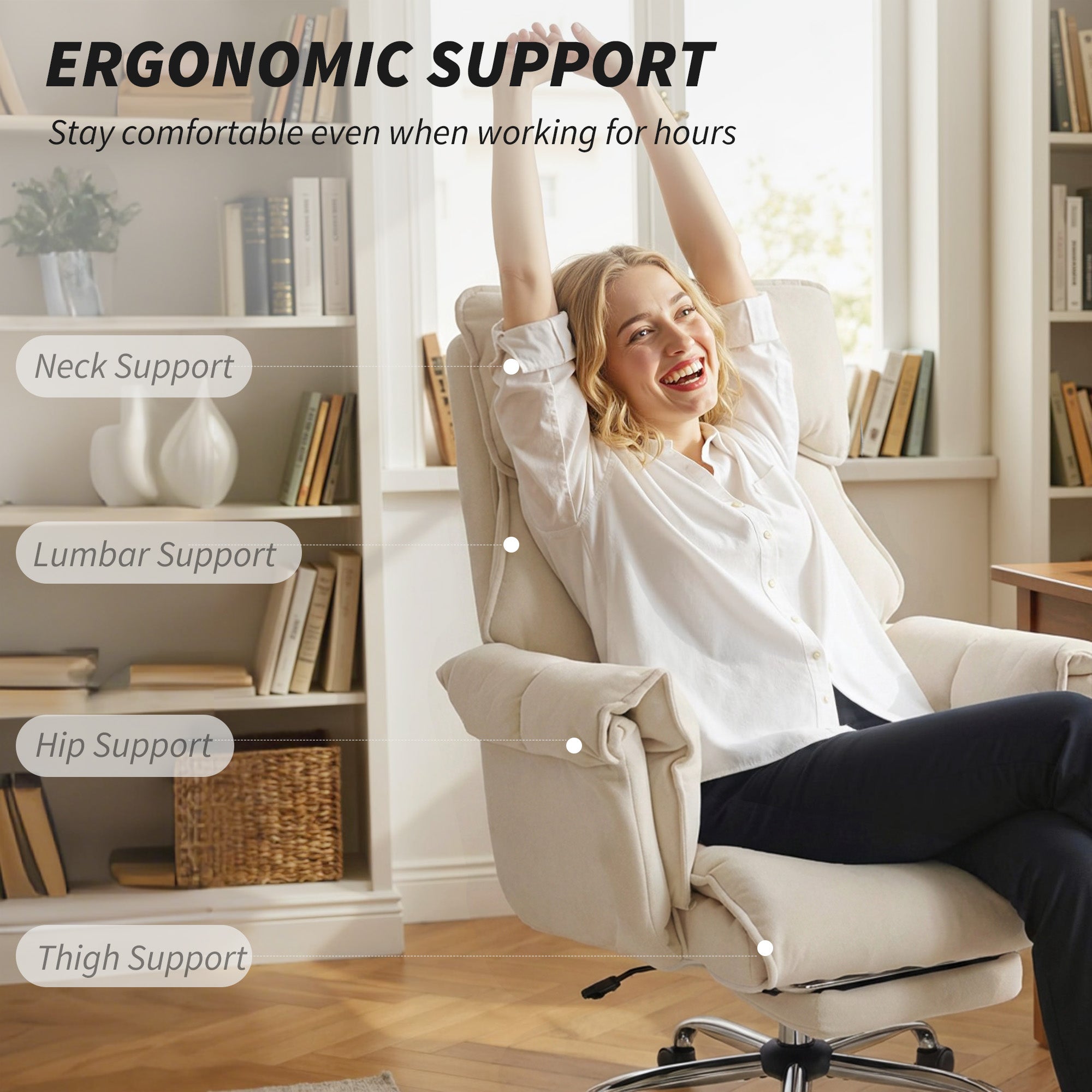 Executive Office Chair with Footrest, Reclining Swivel Computer Desk Chair with High Back, Double-layer Padding, Headrest, Adjustable Height, Rolling Wheels, Cream White