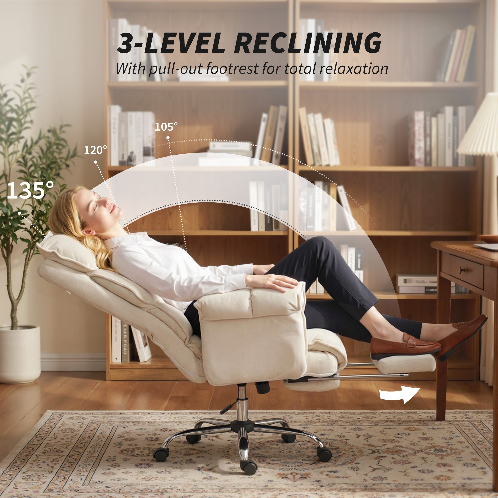Executive Office Chair with Footrest, Reclining Swivel Computer Desk Chair with High Back, Double-layer Padding, Headrest, Adjustable Height, Rolling Wheels, Cream White