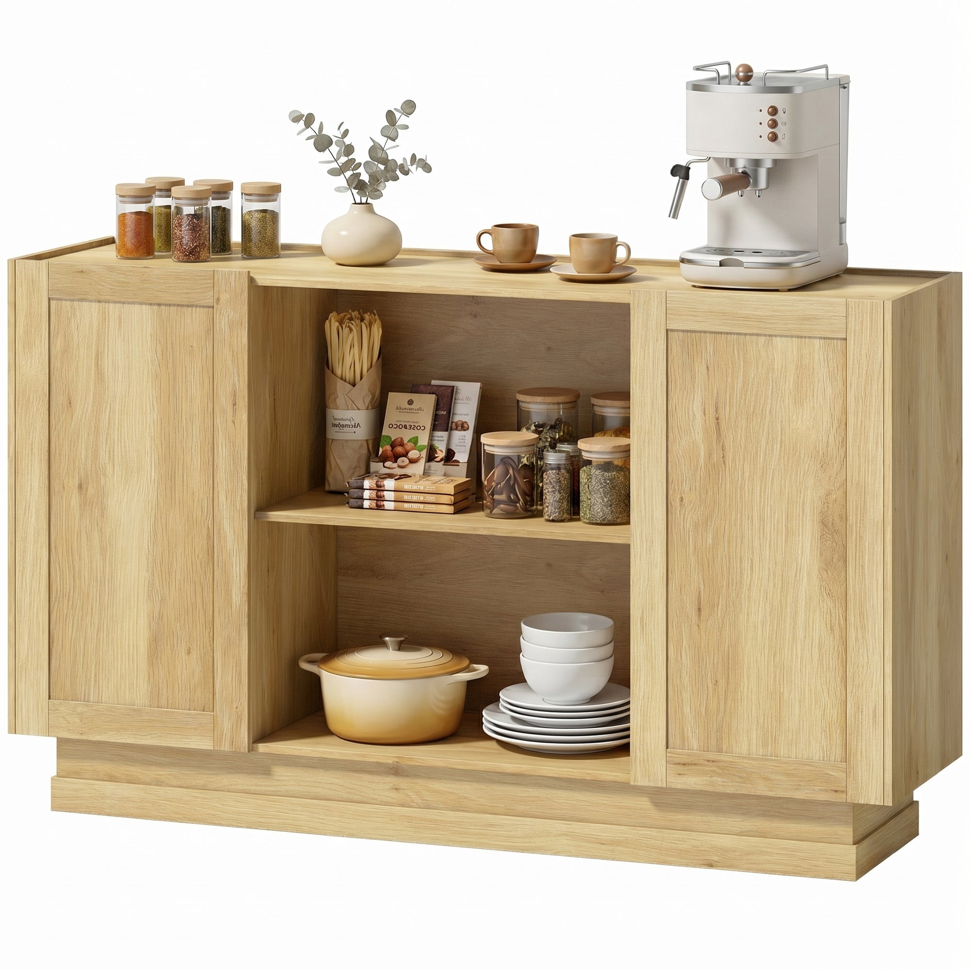 Sideboard Buffet Cabinet, 133 cm Modern Farmhouse Storage Cabinet with 2 Open Shelves, 2 Cupboards and Soft Close Doors for Dining Room, Living Room, Natural Wood Finish