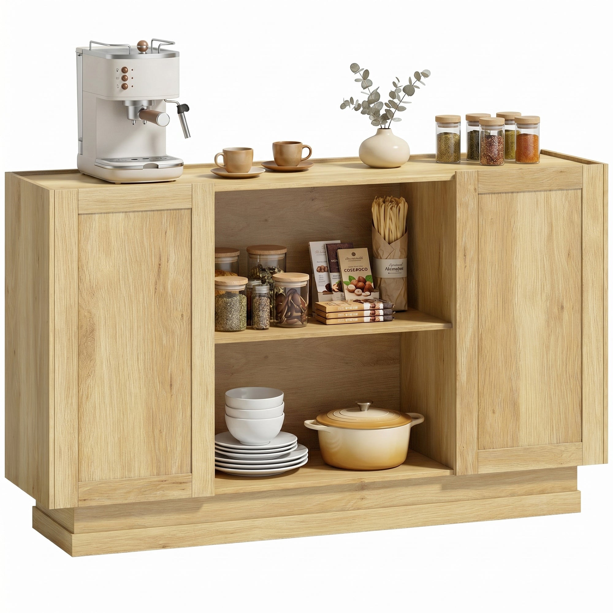 Sideboard Buffet Cabinet, 133 cm Modern Farmhouse Storage Cabinet with 2 Open Shelves, 2 Cupboards and Soft Close Doors for Dining Room, Living Room, Natural Wood Finish