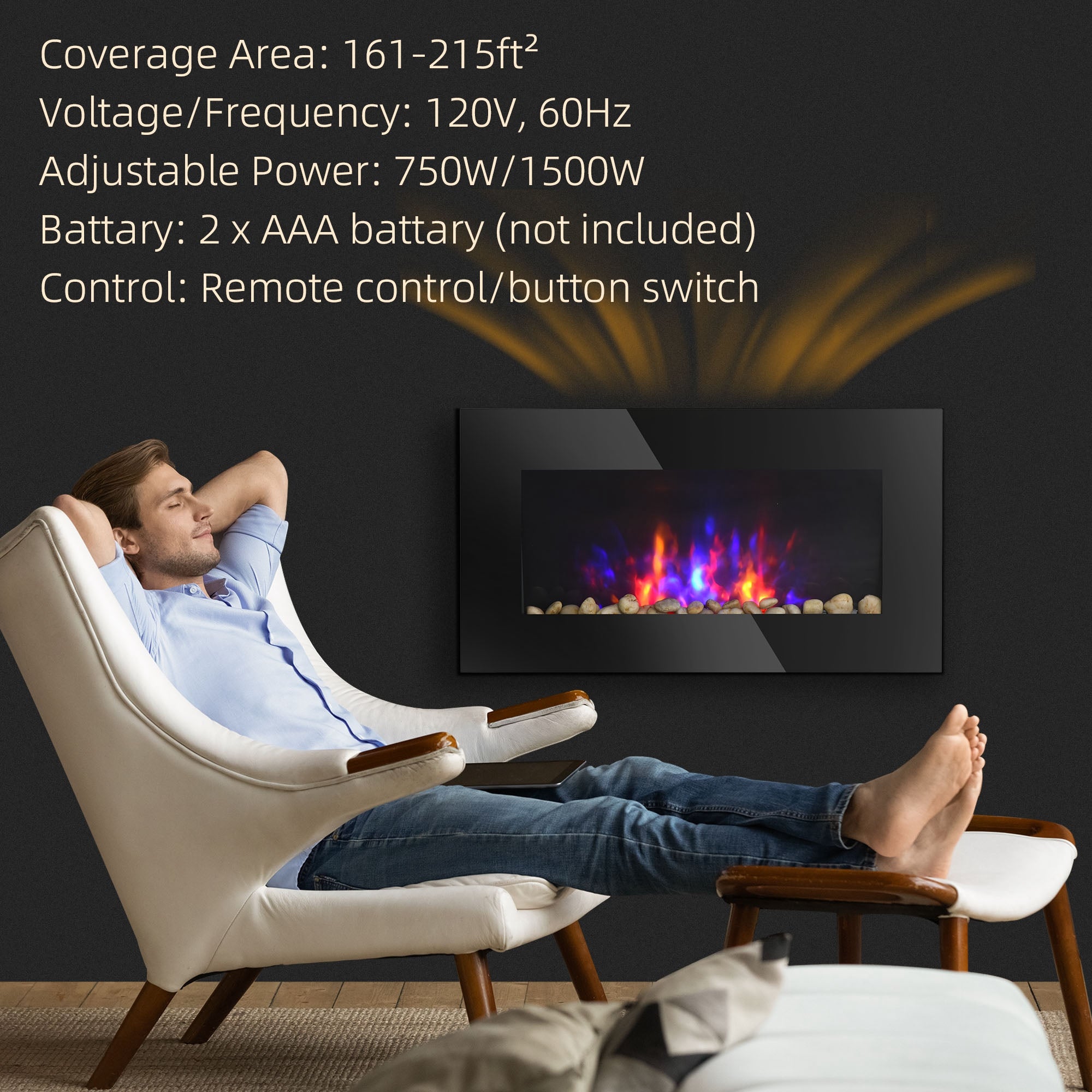 28 Inch Electric Fireplace, Wall Mounted Fireplace with Patented 7 Colour Adjustable LED Flame Effect, Remote Control, 2 Modes Heat, 750/1500W Heater for Living Room, Black