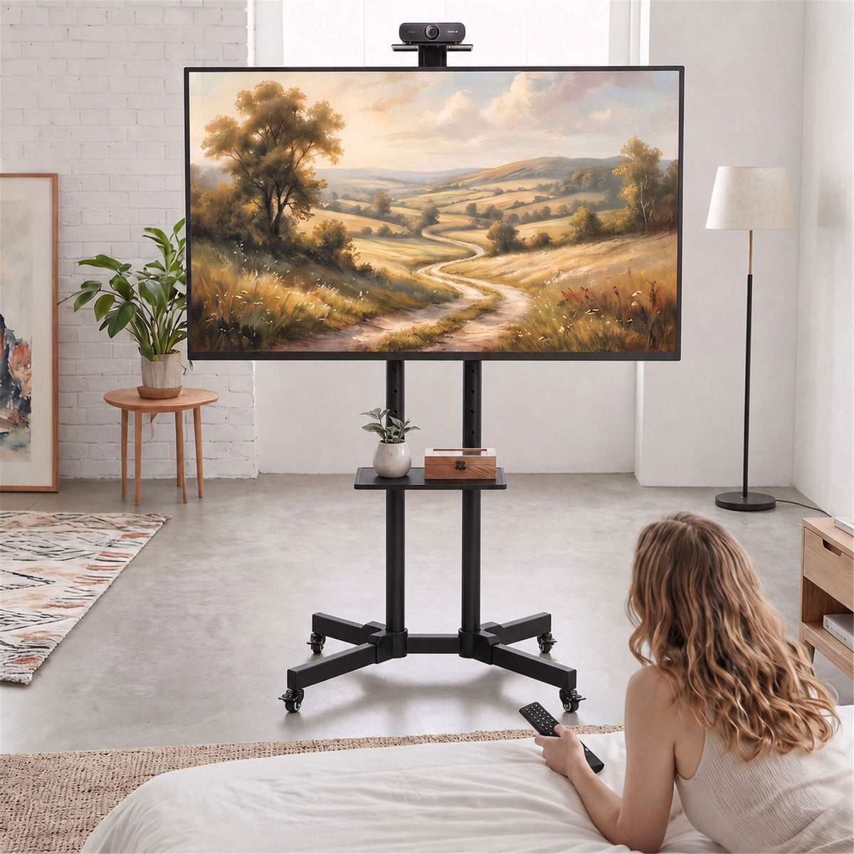 Mobile TV Stand on Wheels for 32-75 Inch Screens, Mobile TV Cart with Tilt, Height Adjustable, Locking Wheels, Camera Shelf & Media Shelf, Max VESA 400 x 600 mm, Black