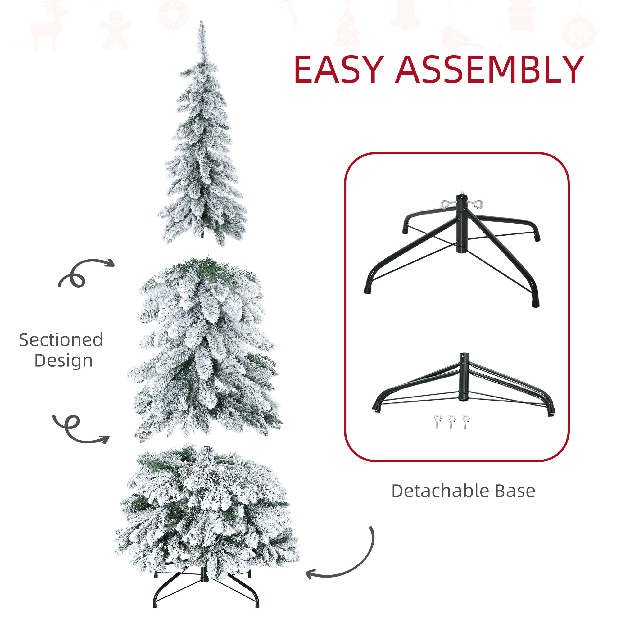 HOMCOM 6ft Tall Pencil Artificial Christmas Tree Xmas Tree with 523 Snow Flocked Branches, Downswept Shape, Steel Base