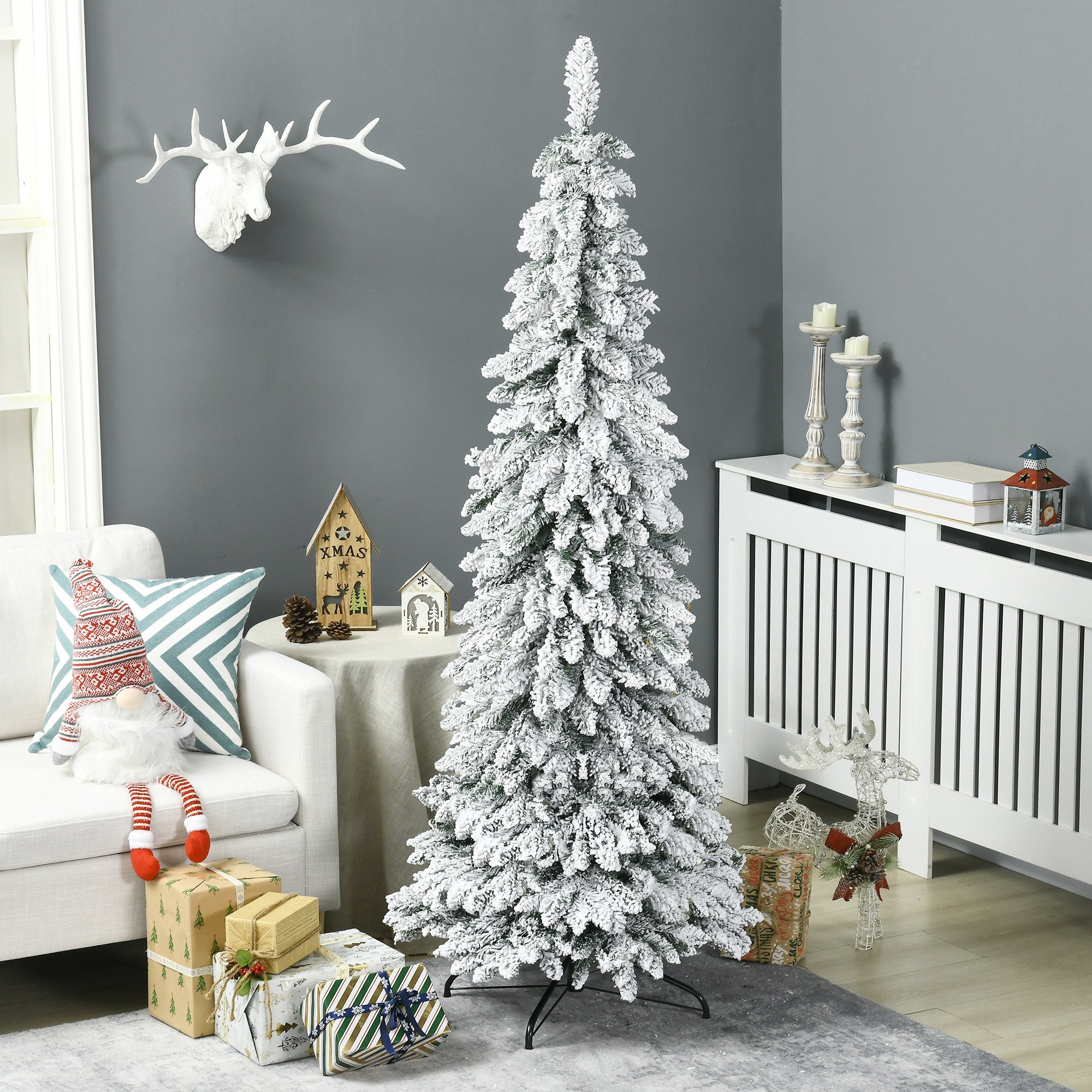 HOMCOM 6ft Tall Pencil Artificial Christmas Tree Xmas Tree with 523 Snow Flocked Branches, Downswept Shape, Steel Base