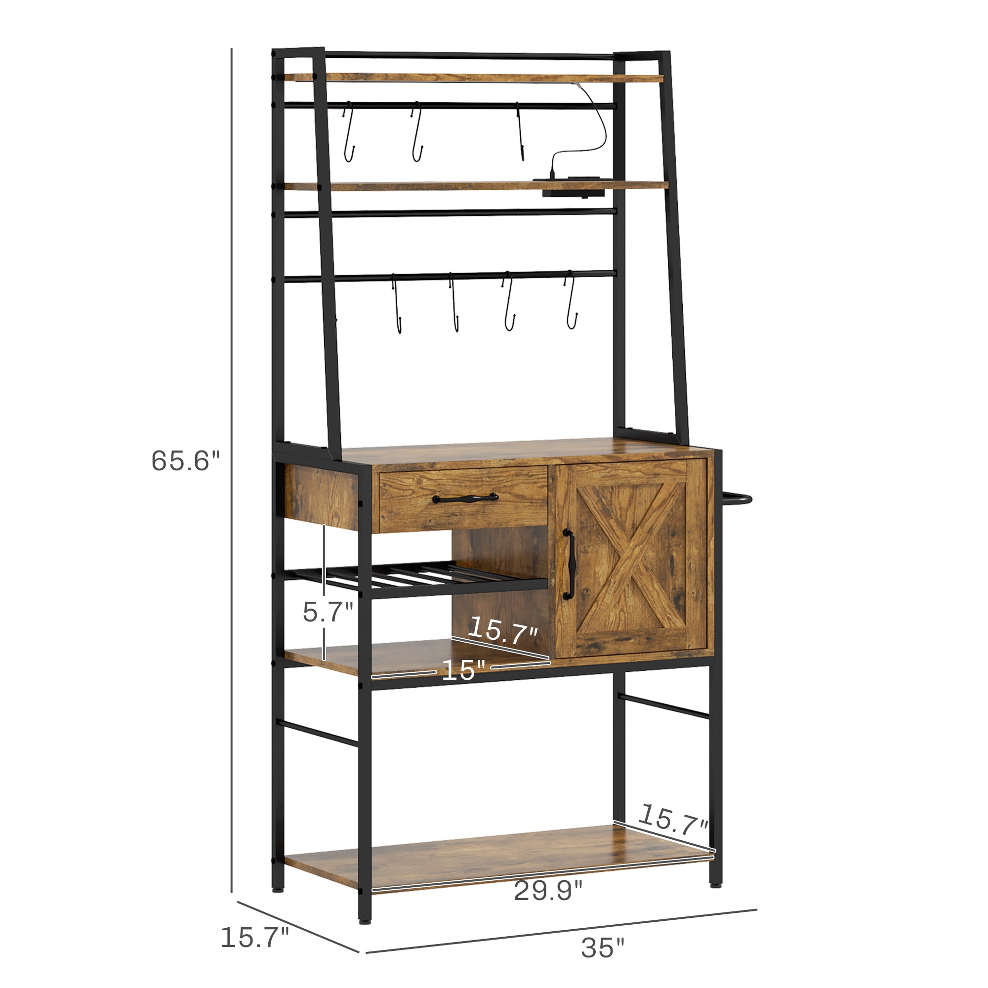 Industrial Kitchen Shelving Unit Open Shelves with Charging Station Towel Rack & LED Lights Rustic Brown