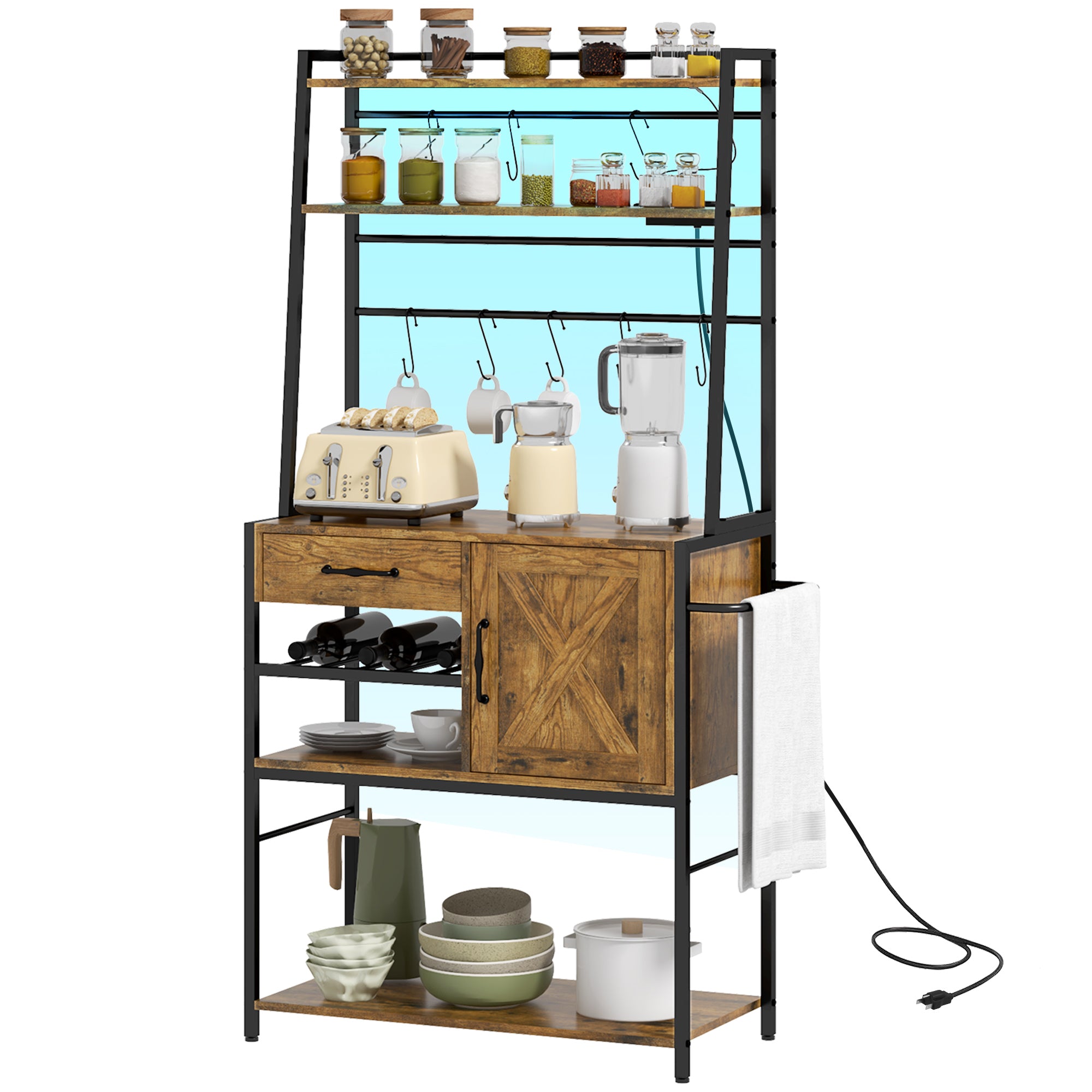 Industrial Kitchen Shelving Unit Open Shelves with Charging Station Towel Rack & LED Lights Rustic Brown