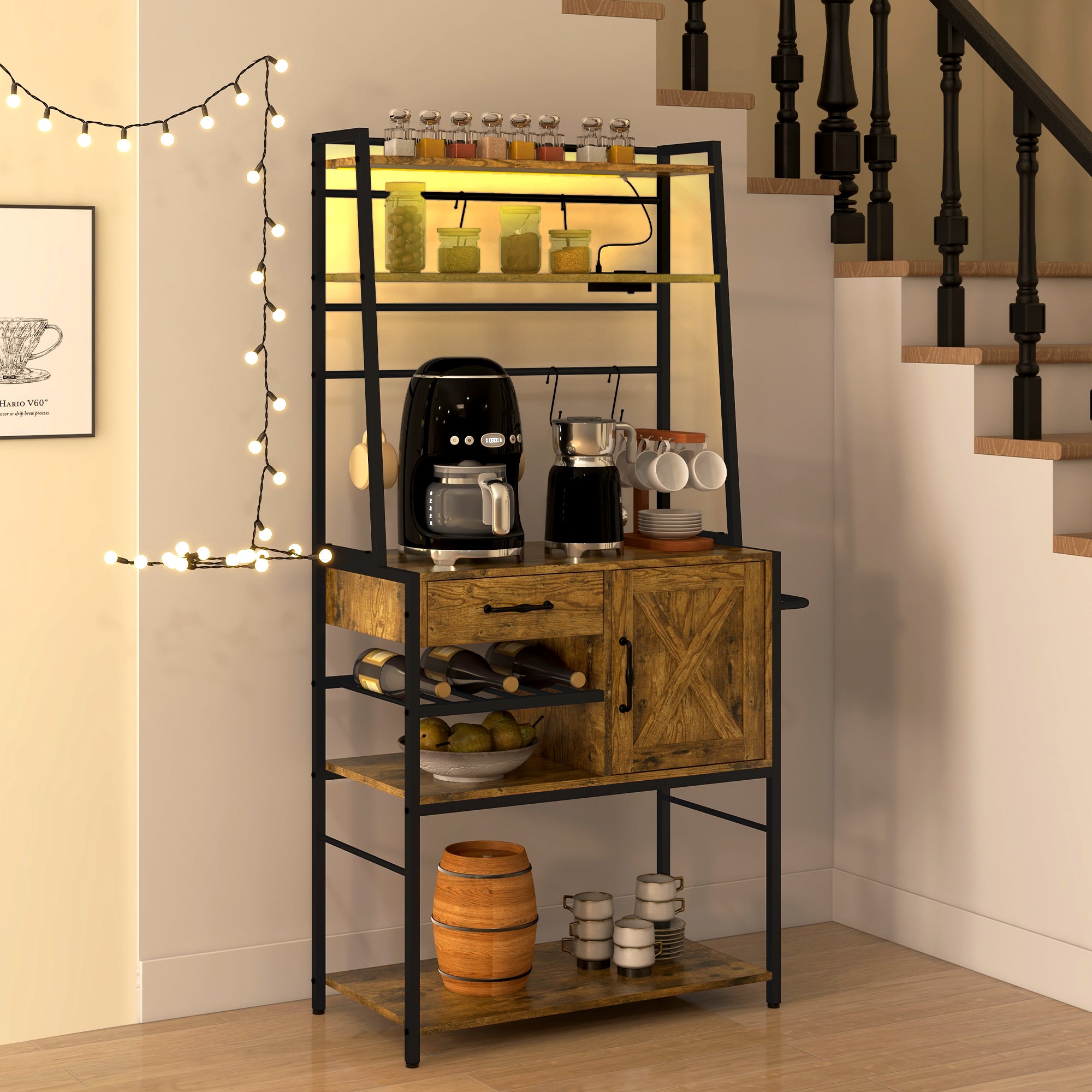 Industrial Kitchen Shelving Unit Open Shelves with Charging Station Towel Rack & LED Lights Rustic Brown