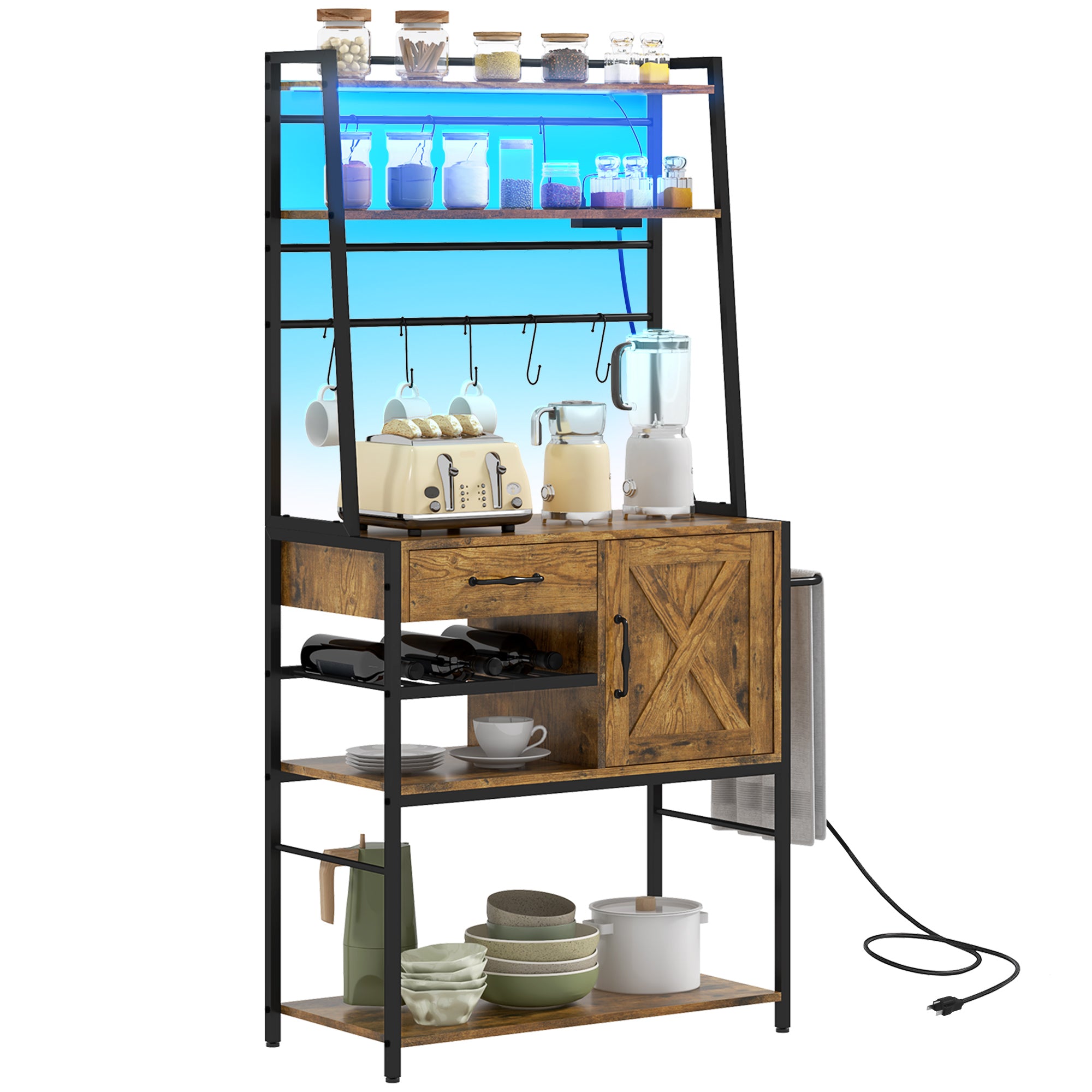 Industrial Kitchen Shelving Unit Open Shelves with Charging Station Towel Rack & LED Lights Rustic Brown