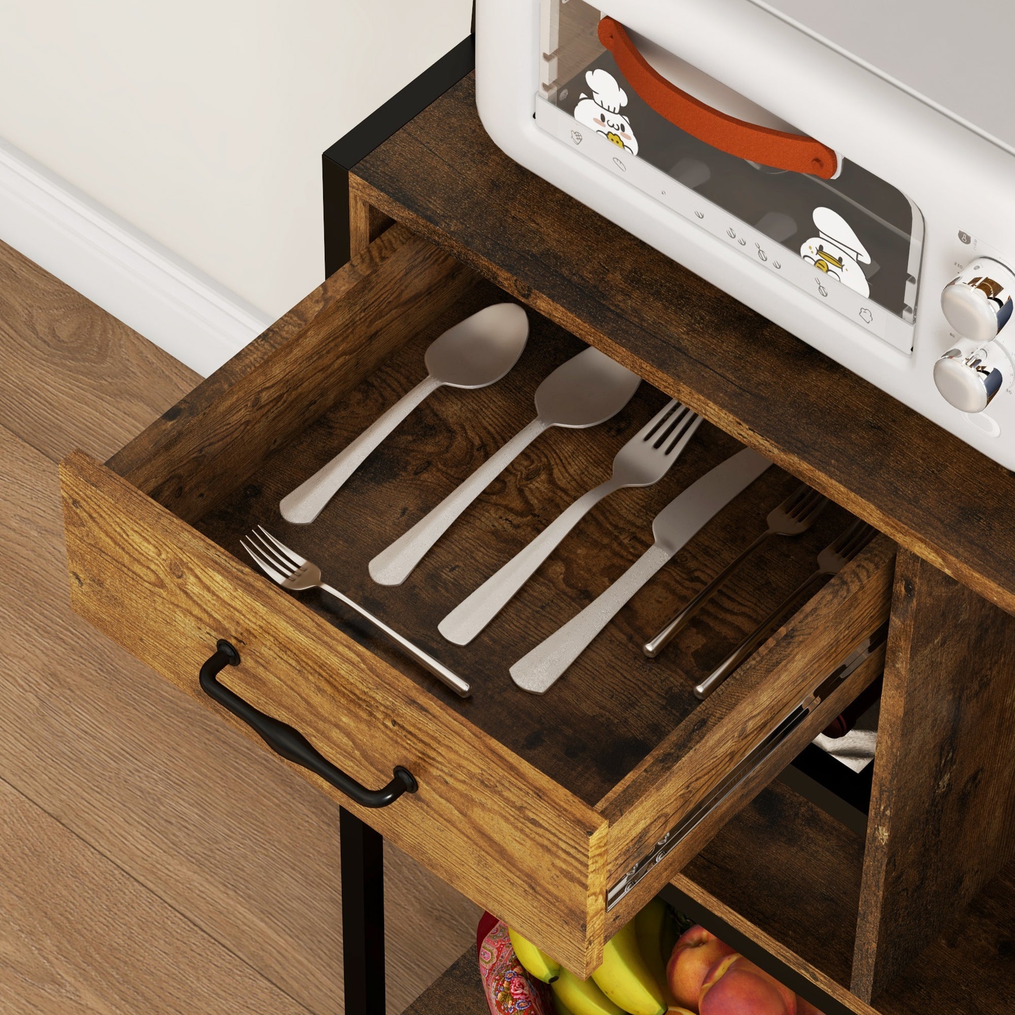 Industrial Kitchen Shelving Unit Open Shelves with Charging Station Towel Rack & LED Lights Rustic Brown