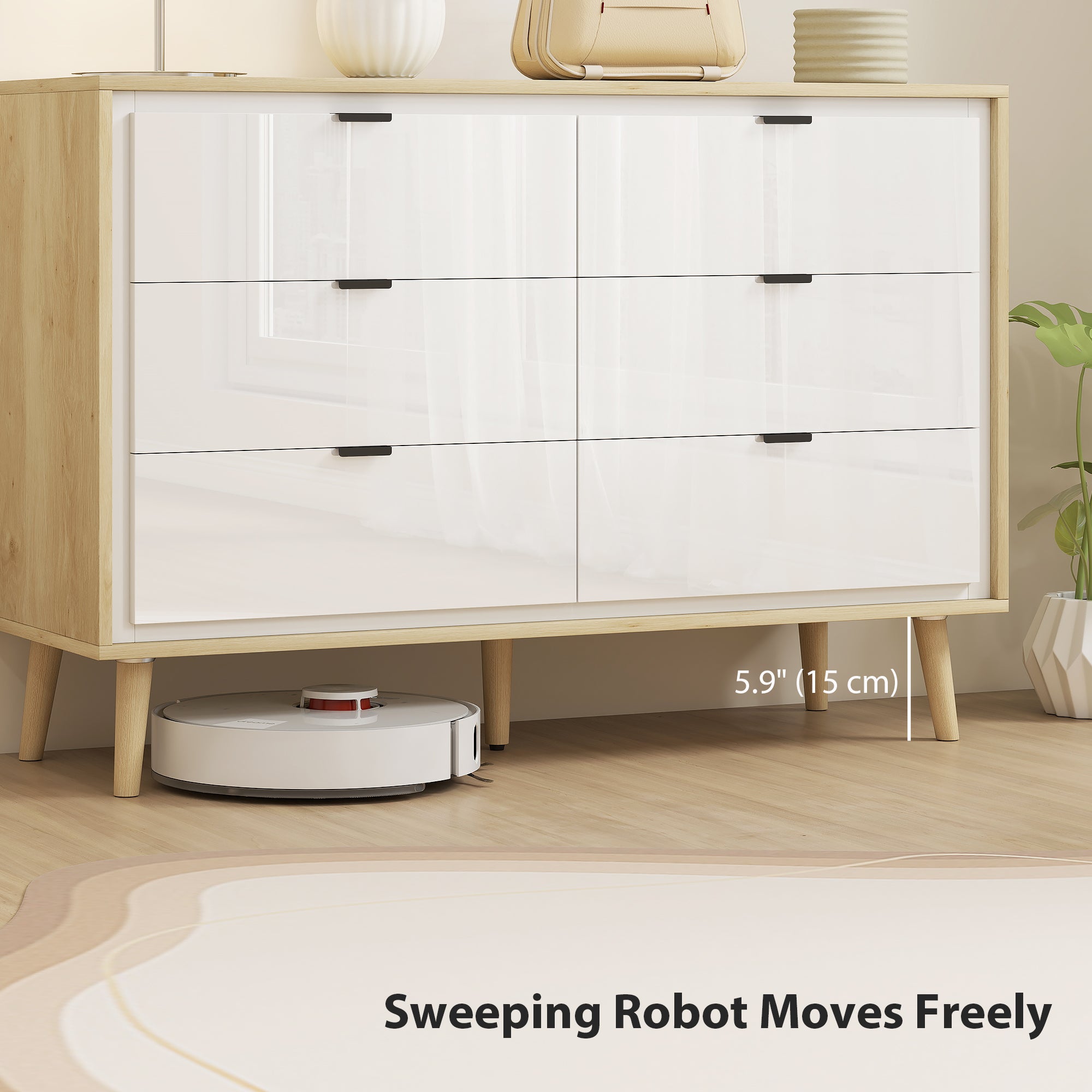 Chest of Drawers, 6 Drawer Dresser, Storage Cabinet with 6  Drawers and 5 Legs for Bedroom, Living Room,  High Gloss White
