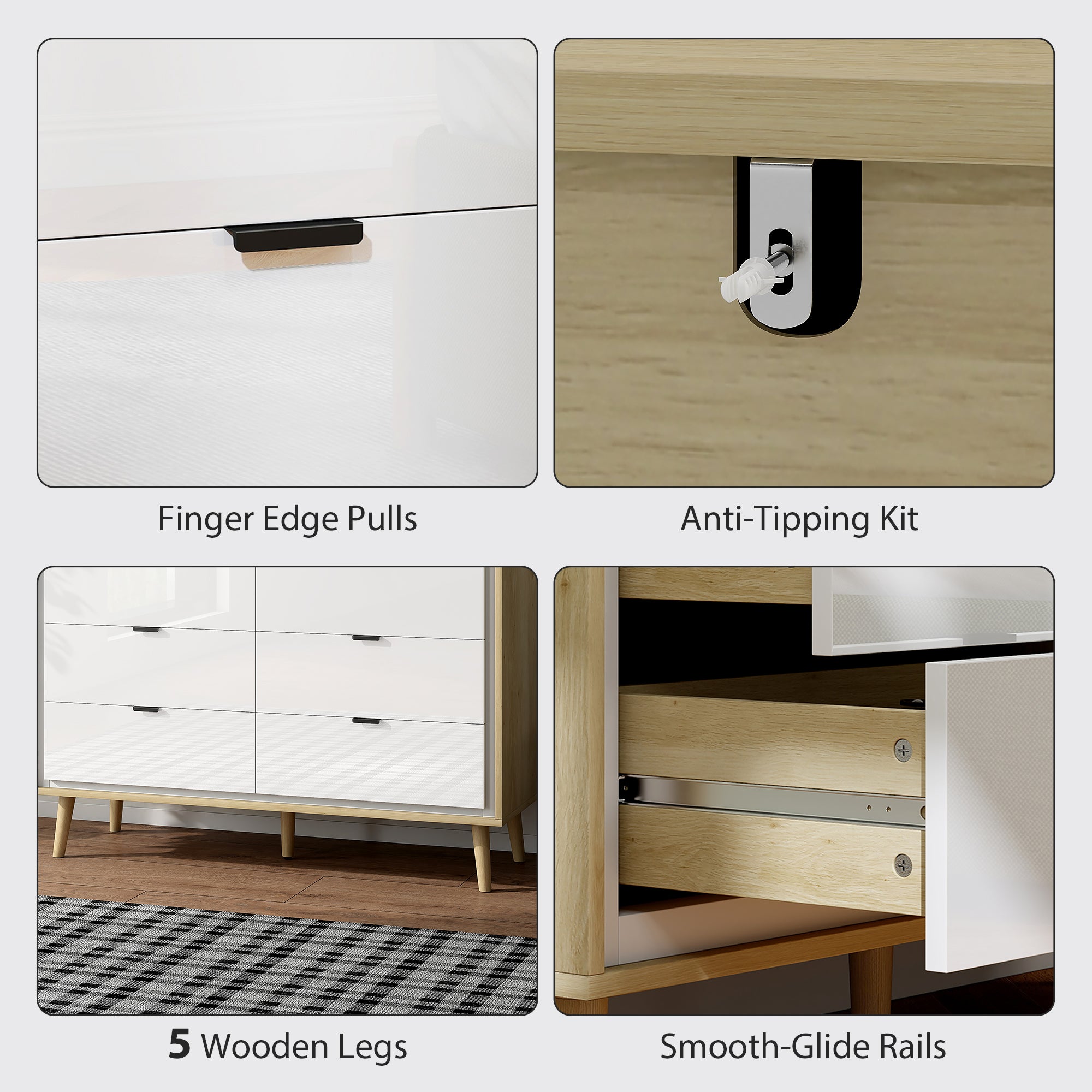 Chest of Drawers, 6 Drawer Dresser, Storage Cabinet with 6  Drawers and 5 Legs for Bedroom, Living Room,  High Gloss White
