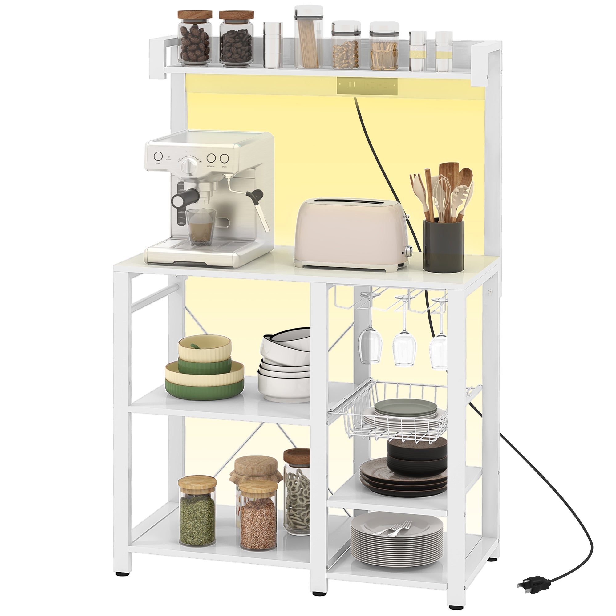 Industrial Kitchen Bakers Rack with Charging Station RGB Lights Glass Holders and Open Shelves White