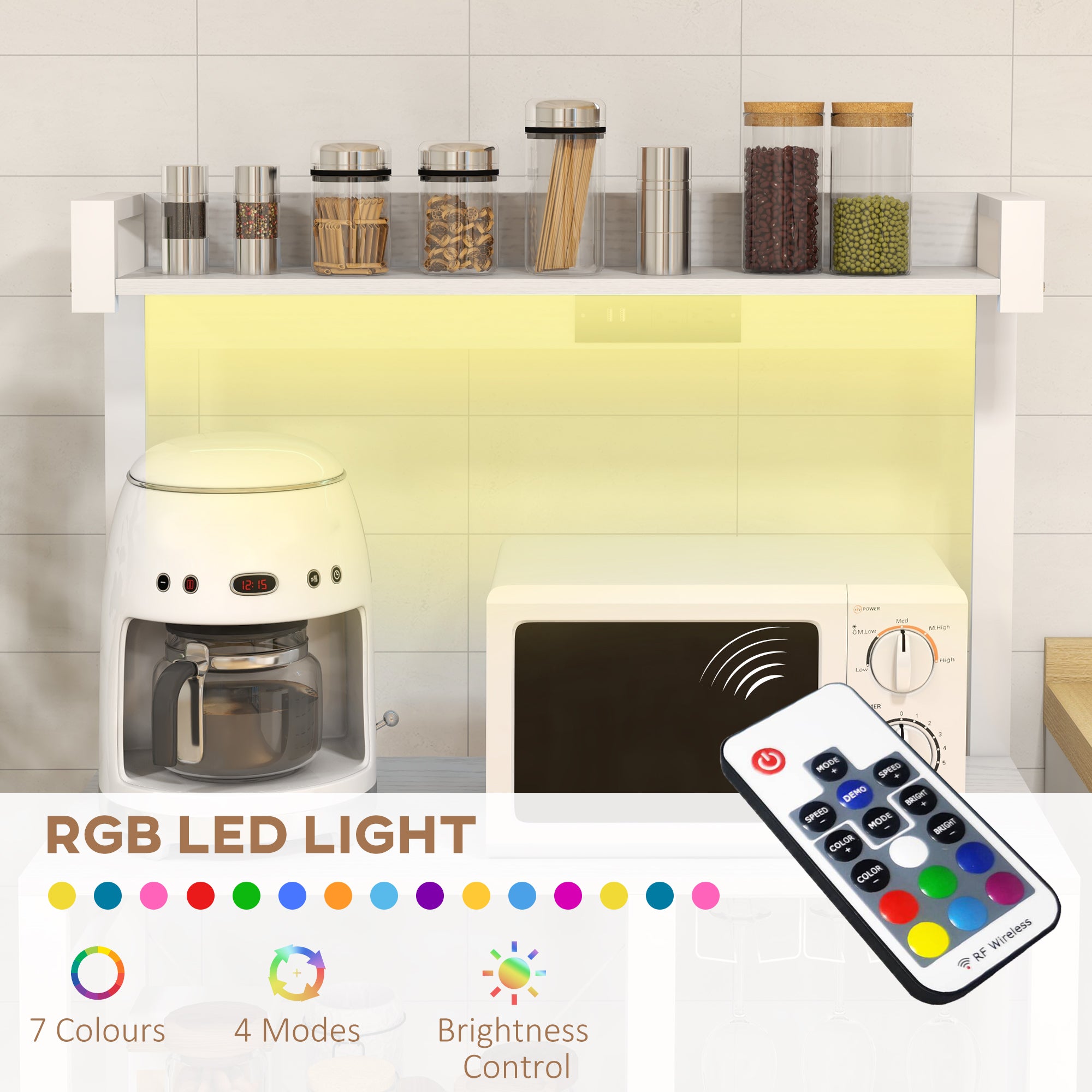 Industrial Kitchen Bakers Rack with Charging Station RGB Lights Glass Holders and Open Shelves White