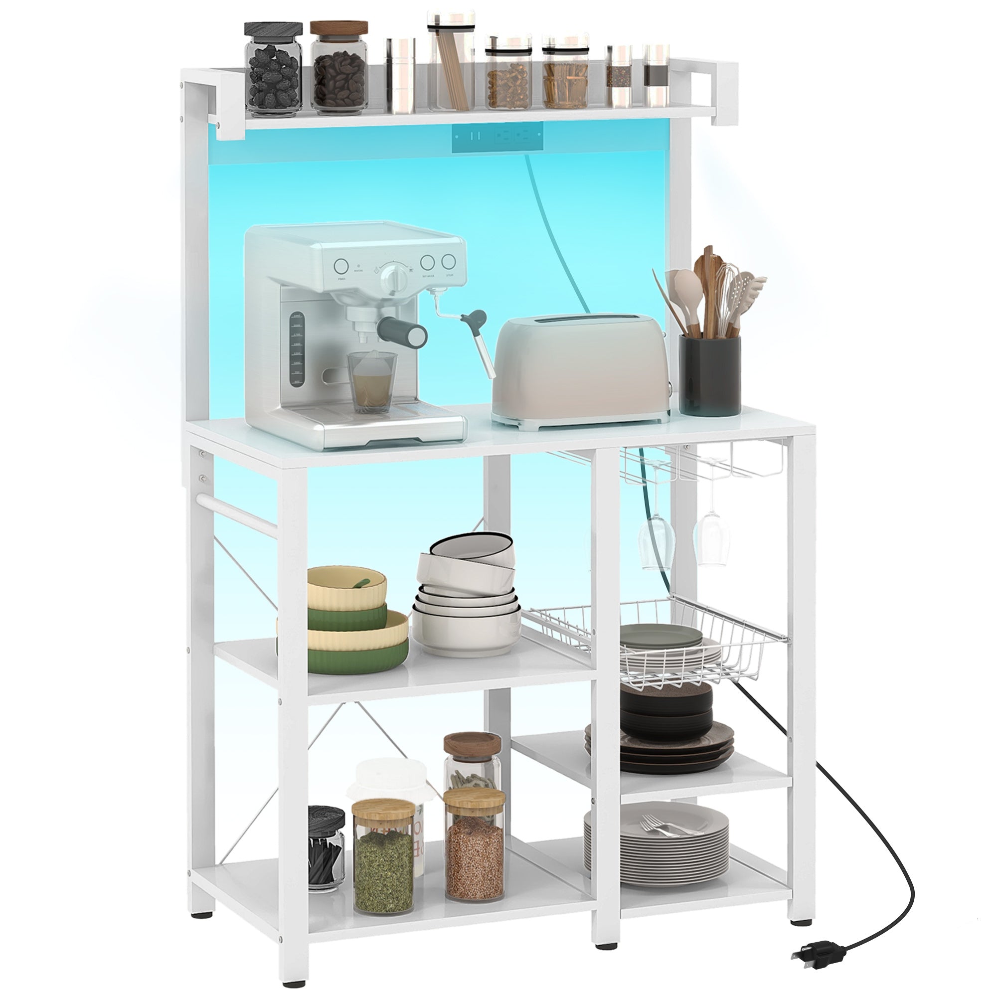 Industrial Kitchen Bakers Rack with Charging Station RGB Lights Glass Holders and Open Shelves White