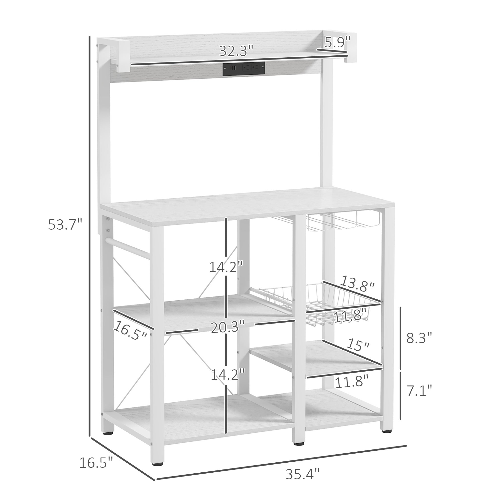 Industrial Kitchen Bakers Rack with Charging Station RGB Lights Glass Holders and Open Shelves White