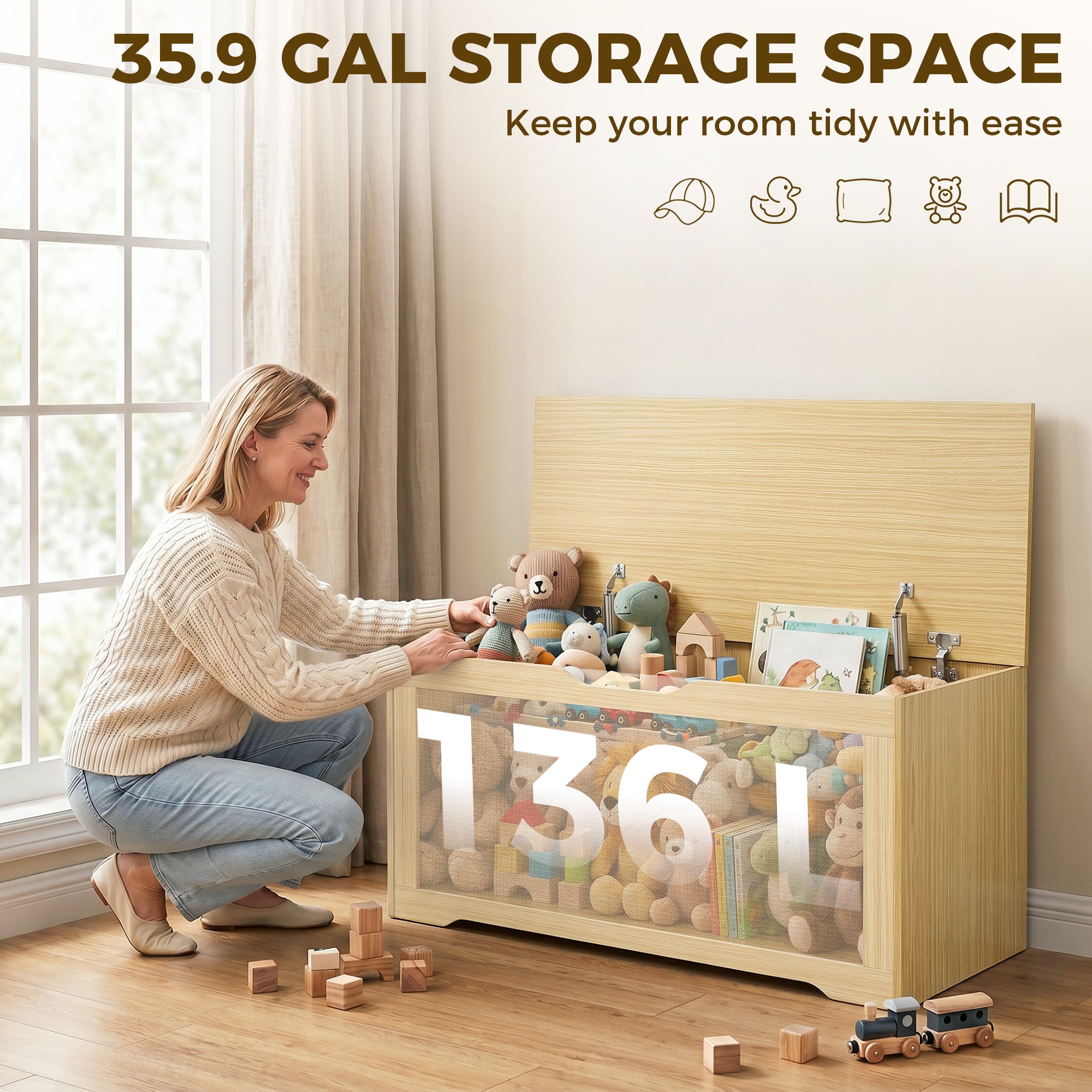 Rattan Storage Chest, Lift Top Storage Trunk with Safety Hinges and Handle-Free Design, Storage Bench for Living Room, Shoe Bench for Entryway, 39.4" x 15.7" x 17.7", Oak