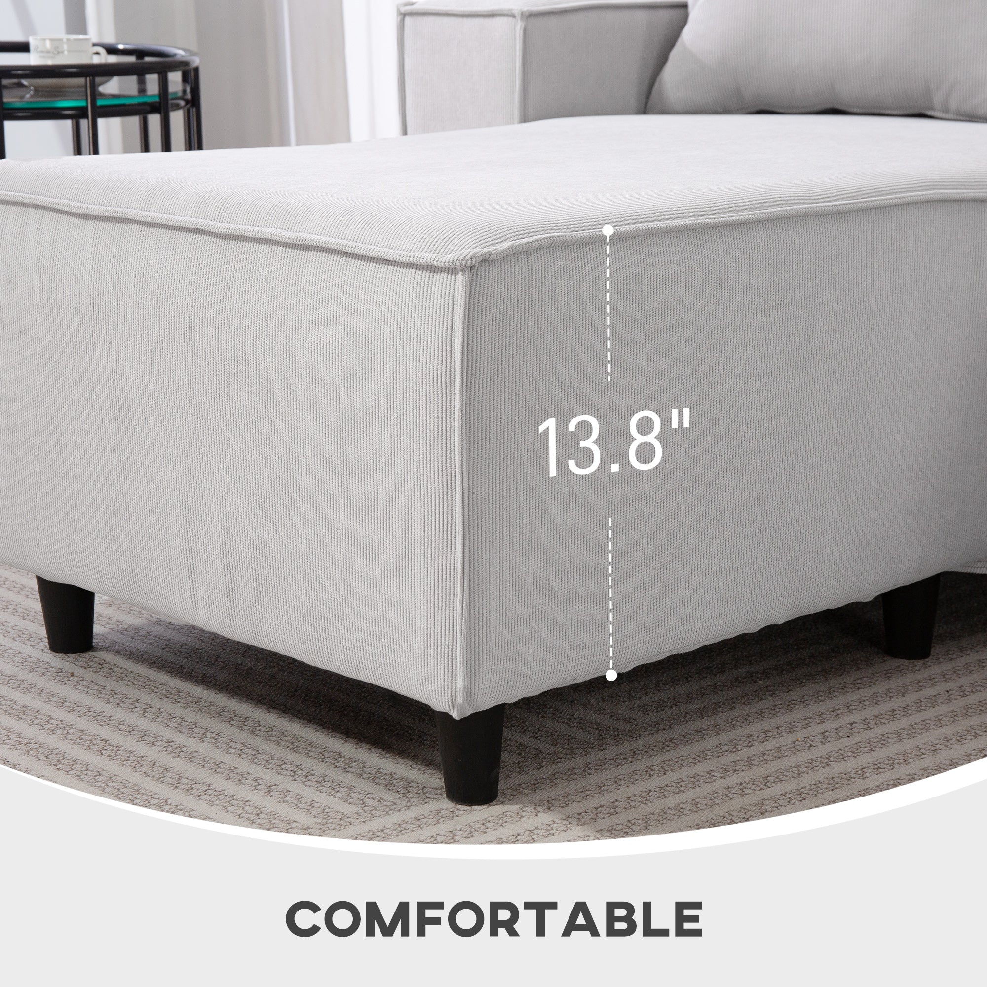 95" Sectional Sofa with Reversible Chaise Lounge, L-Shaped Corner Sofa with Corduroy Fabric, Pocket Spring, 2 Pillows, Wide Arm, Thick Padded, 3 Seat Couch for Living Room, Light Gray