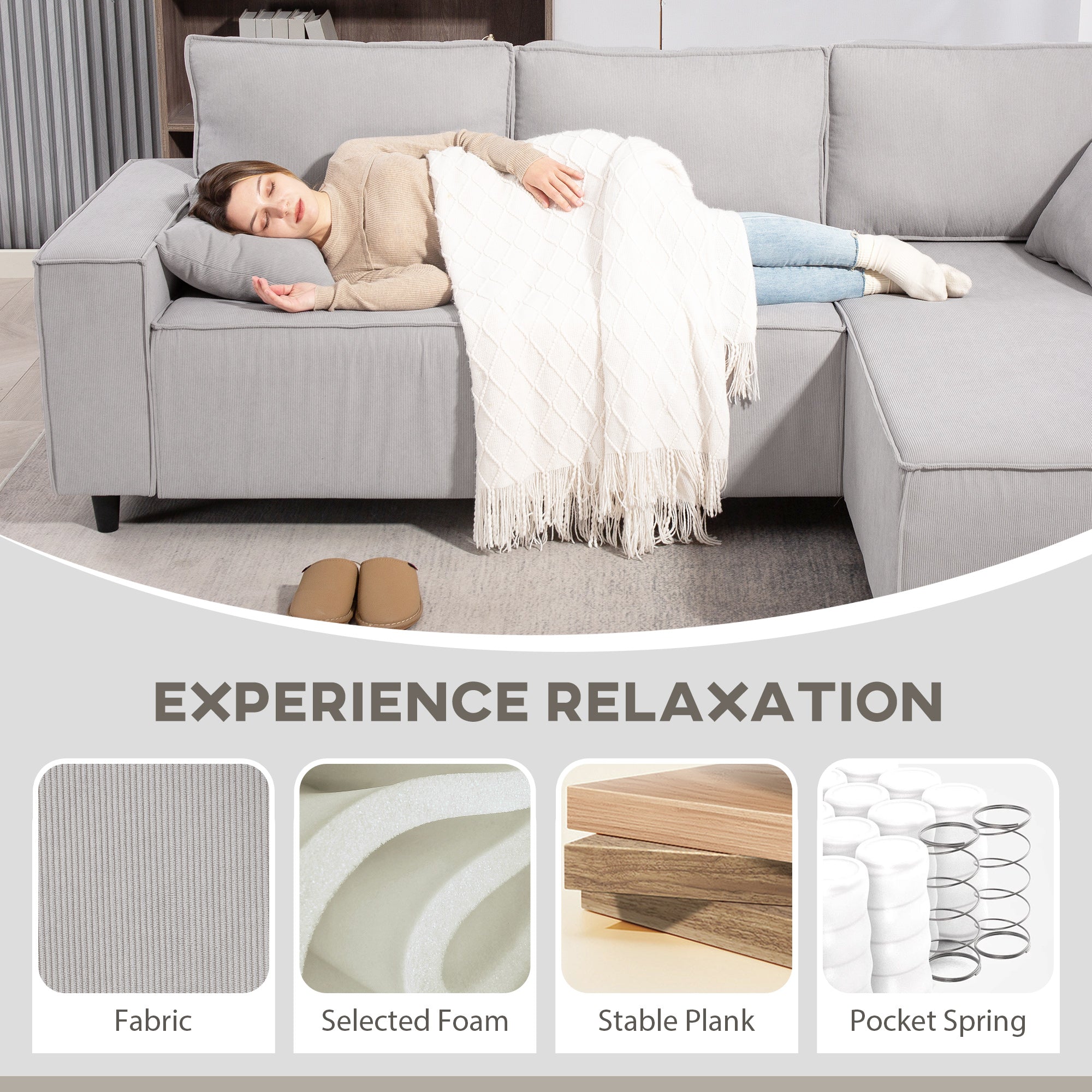 95" Sectional Sofa with Reversible Chaise Lounge, L-Shaped Corner Sofa with Corduroy Fabric, Pocket Spring, 2 Pillows, Wide Arm, Thick Padded, 3 Seat Couch for Living Room, Light Gray
