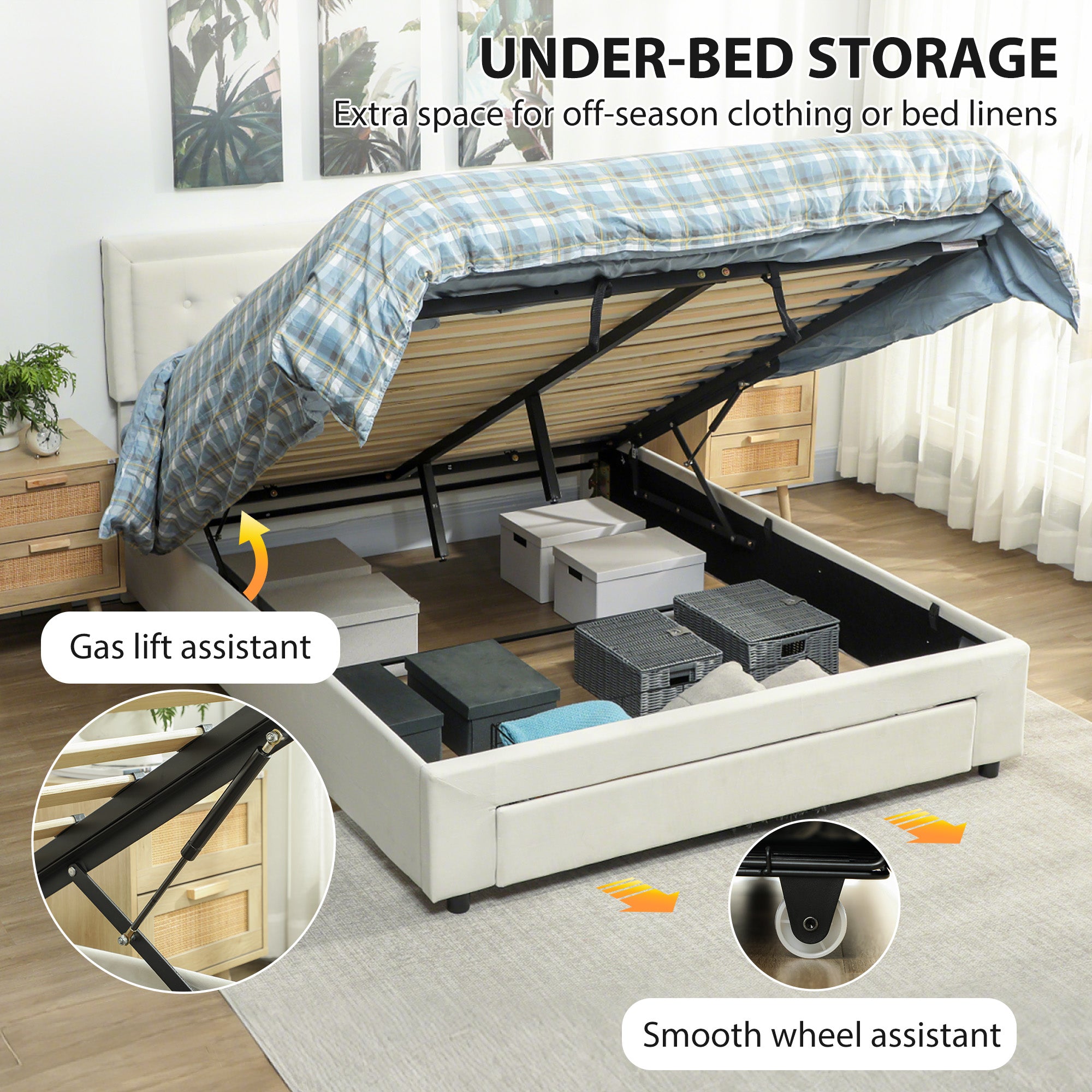 King Size Ottoman Bed Frame, 5ft Gas Lift Storage Bed with 2-Level Adjustable Velvet Upholstered Headboard, Wheeled Drawer and Wooden Slats, No Mattress, Cream White