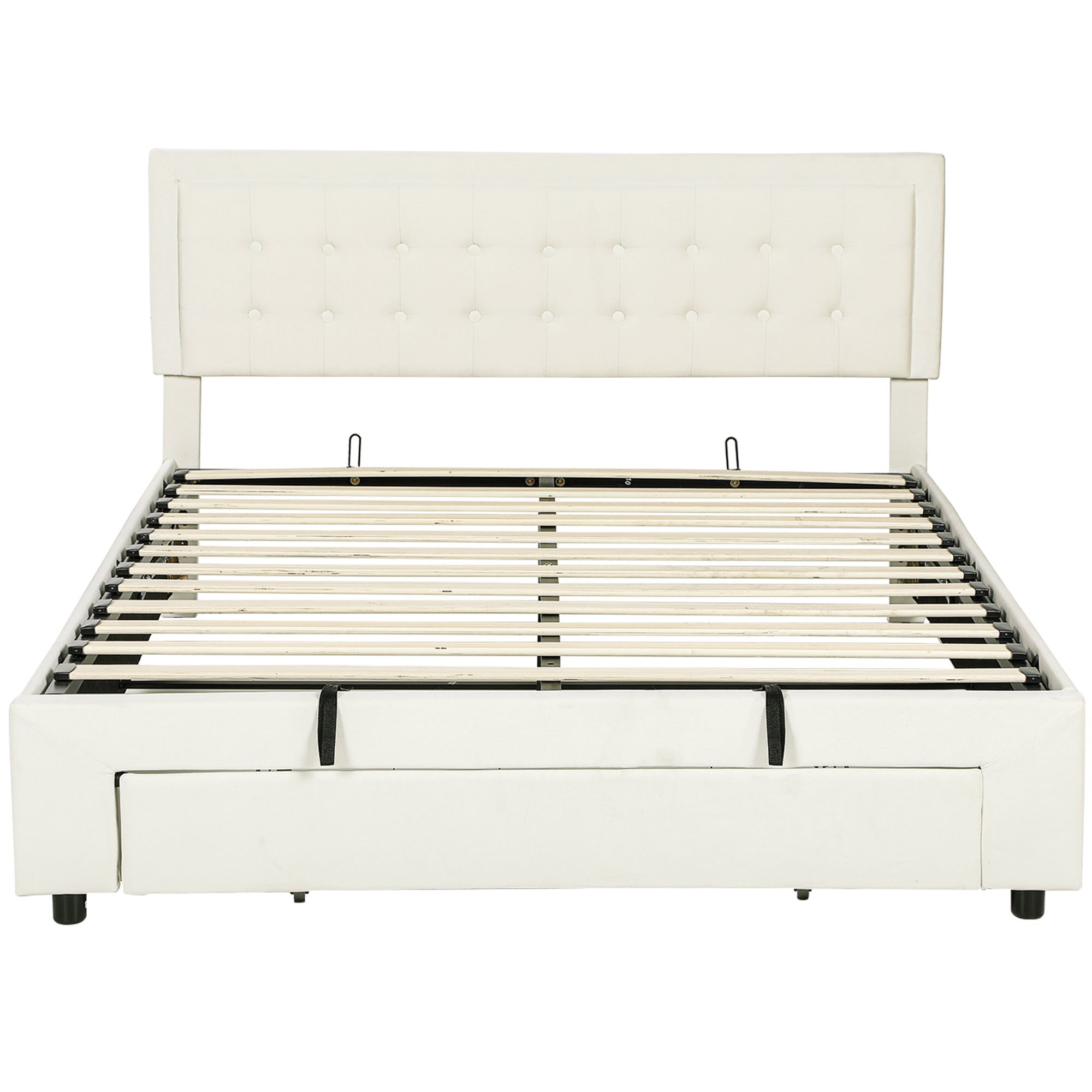 King Size Ottoman Bed Frame, 5ft Gas Lift Storage Bed with 2-Level Adjustable Velvet Upholstered Headboard, Wheeled Drawer and Wooden Slats, No Mattress, Cream White