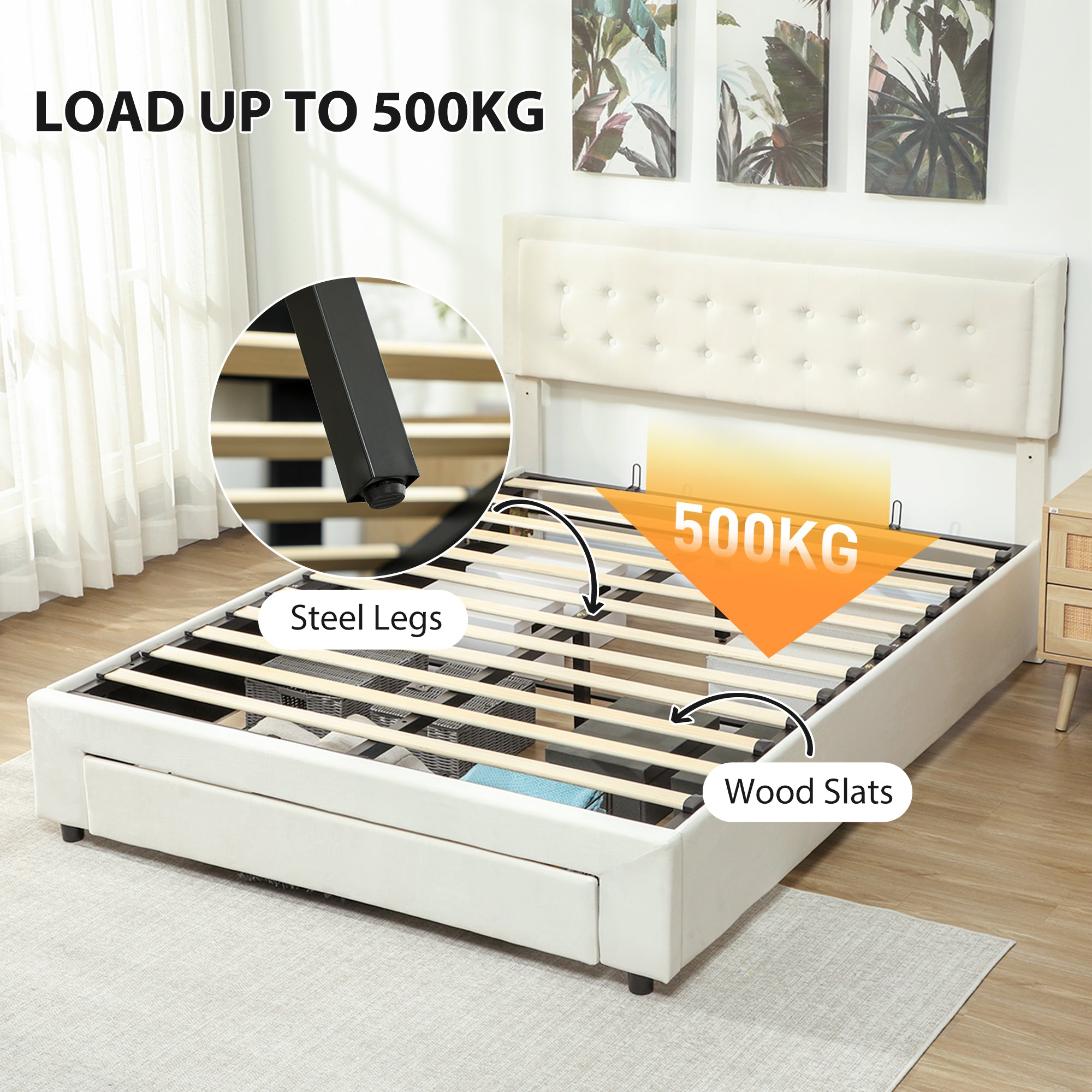 King Size Ottoman Bed Frame, 5ft Gas Lift Storage Bed with 2-Level Adjustable Velvet Upholstered Headboard, Wheeled Drawer and Wooden Slats, No Mattress, Cream White