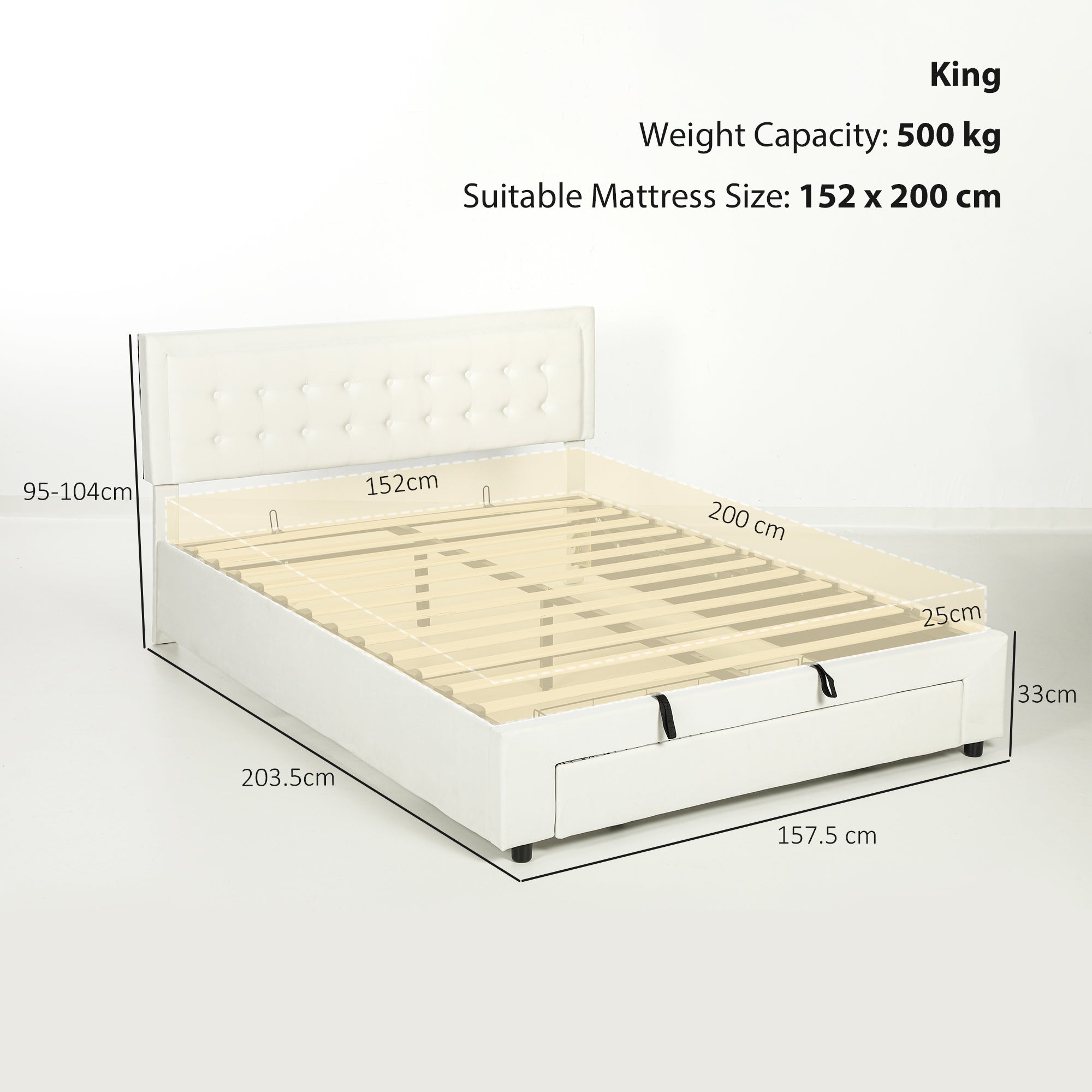 King Size Ottoman Bed Frame, 5ft Gas Lift Storage Bed with 2-Level Adjustable Velvet Upholstered Headboard, Wheeled Drawer and Wooden Slats, No Mattress, Cream White