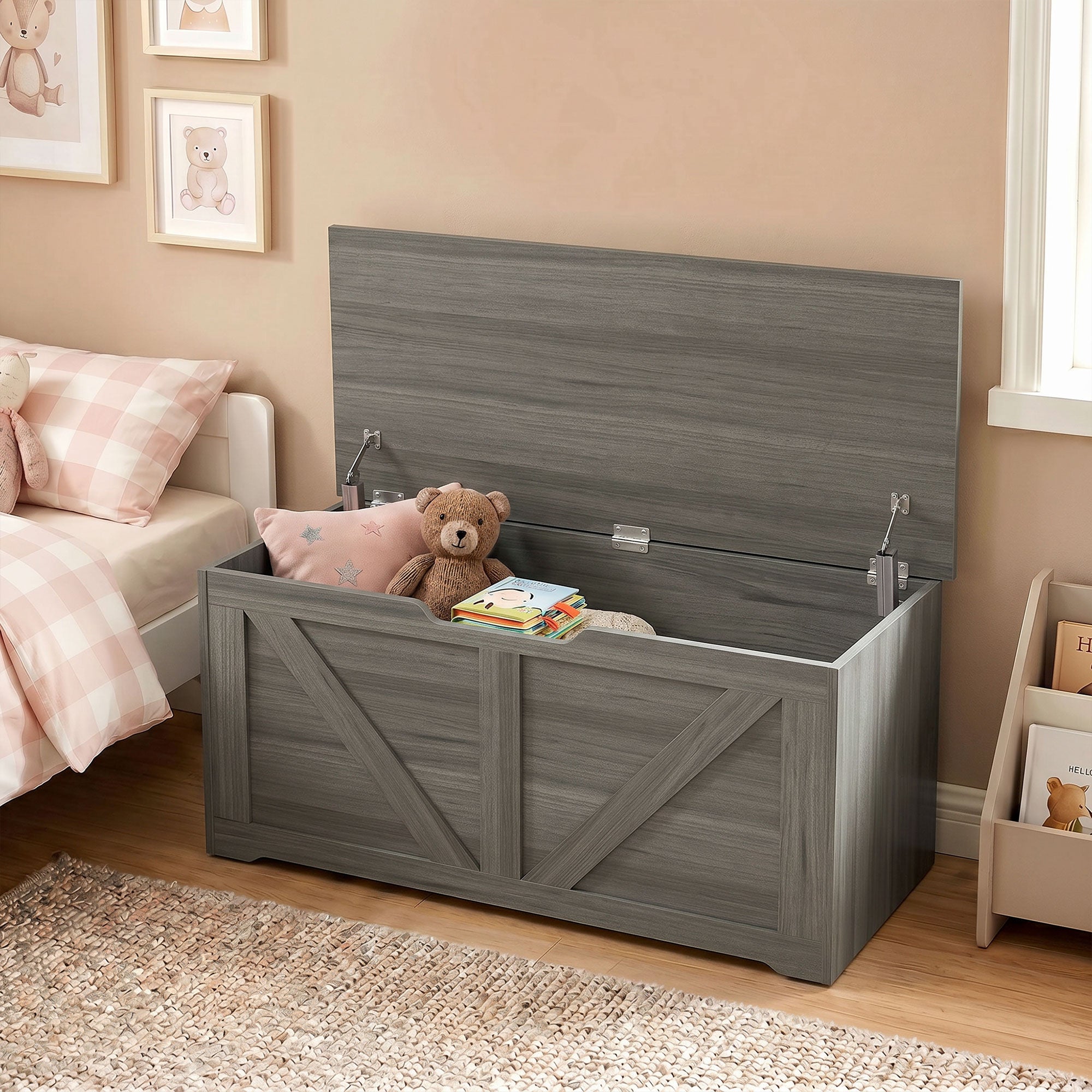 127L Storage Chest, Shoe Storage Trunk Bench Box with 2 Safety Hinges and U-shaped Cut-out Pull, Blanket Box Ottoman for Bedroom, Living Room, Entryway, 100 x 40 x 45 cm, Dark Grey Wood-Effect