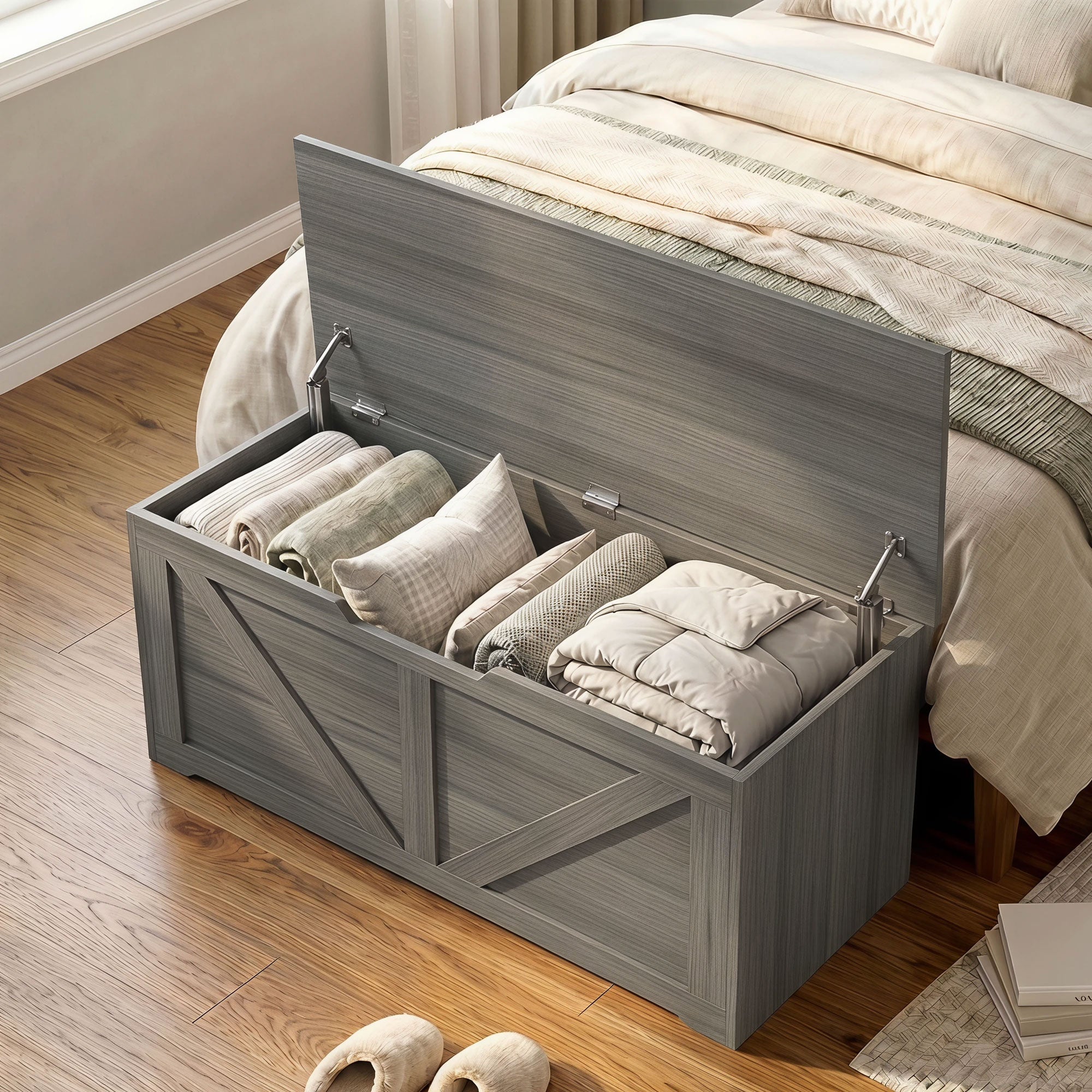 127L Storage Chest, Shoe Storage Trunk Bench Box with 2 Safety Hinges and U-shaped Cut-out Pull, Blanket Box Ottoman for Bedroom, Living Room, Entryway, 100 x 40 x 45 cm, Dark Grey Wood-Effect