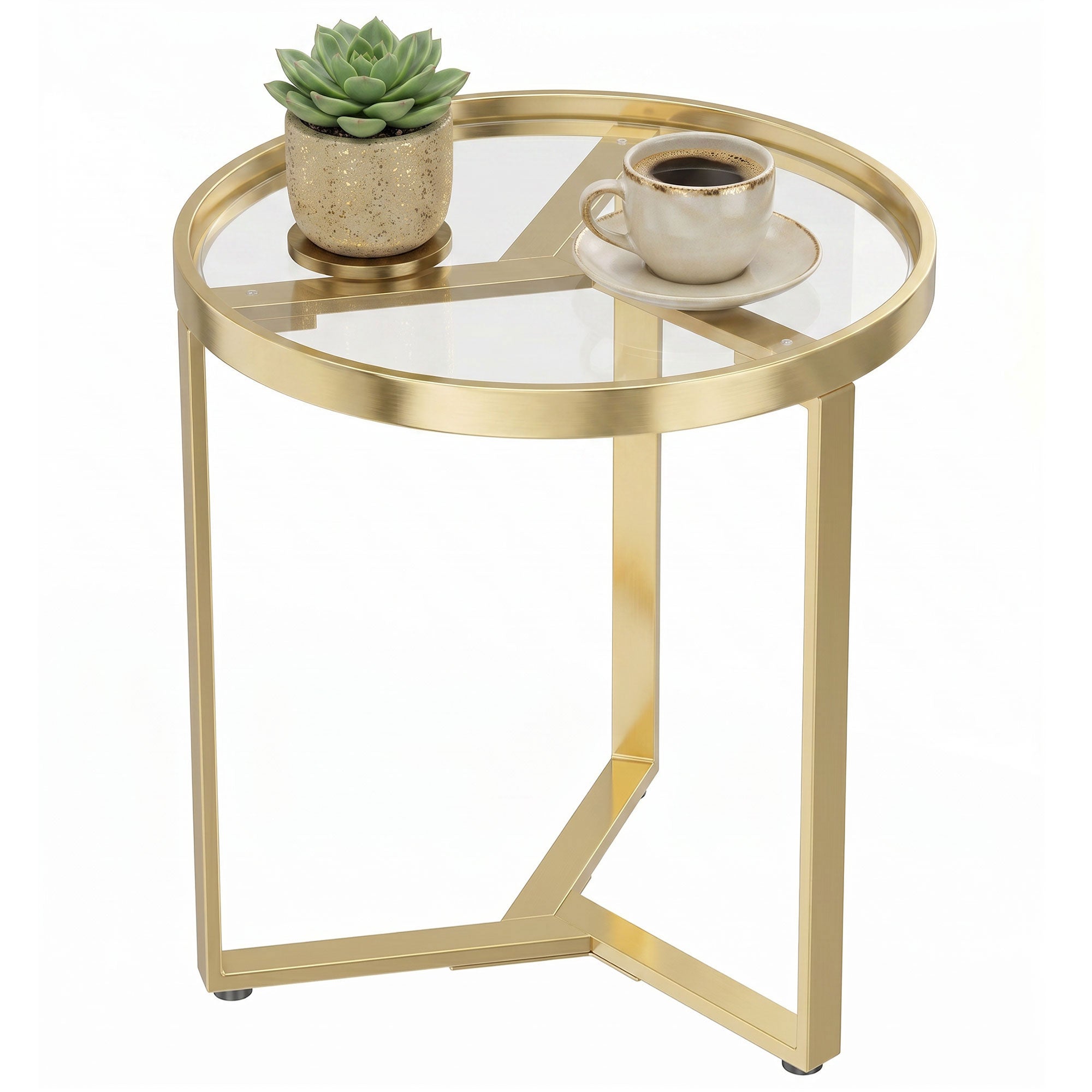 Round Side Table with Tempered Glass Top, Modern End Table with Geometric Metal Frame for Small Space, Living Room and Bedroom, Gold Tone