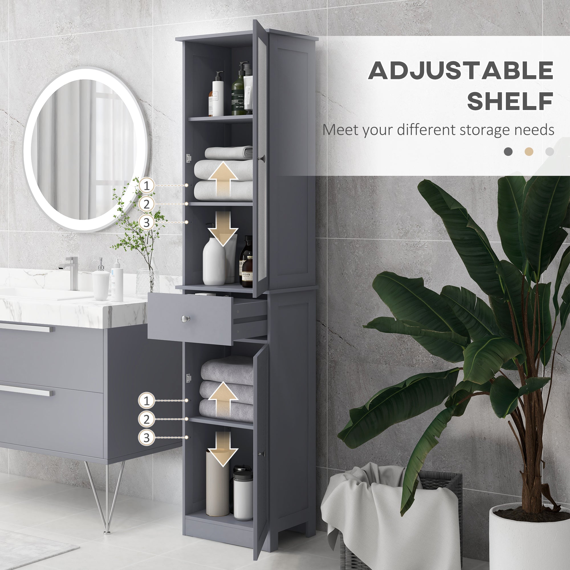 kleankin Tall Bathroom Cabinet, Narrow Storage Cabinet with Acrylic Door, Drawer, and 3 Shelves, Gray