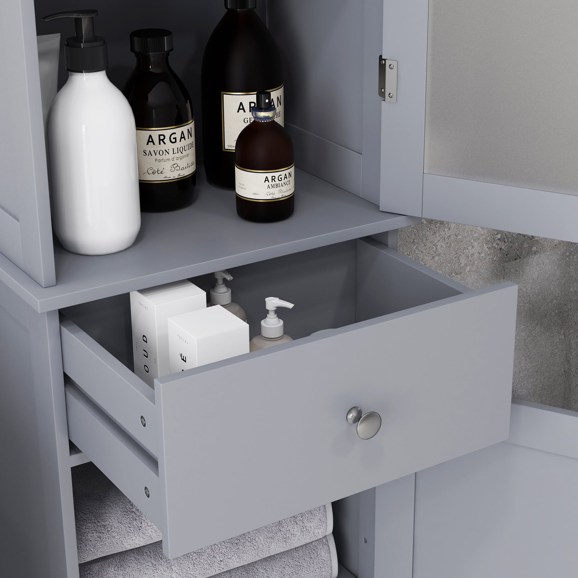 kleankin Tall Bathroom Cabinet, Narrow Storage Cabinet with Acrylic Door, Drawer, and 3 Shelves, Gray