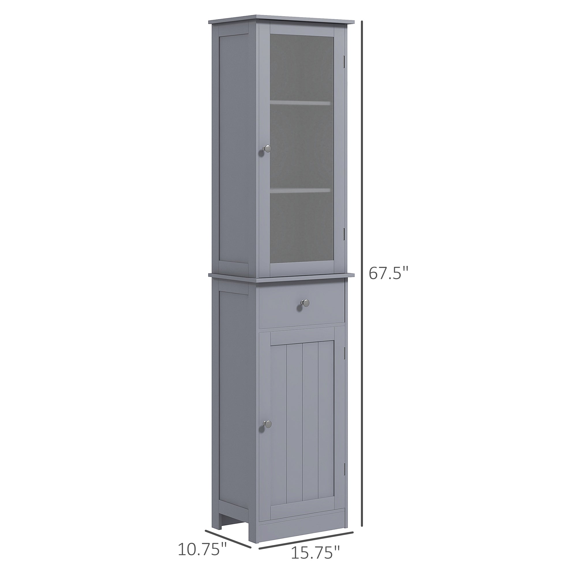 kleankin Tall Bathroom Cabinet, Narrow Storage Cabinet with Acrylic Door, Drawer, and 3 Shelves, Gray