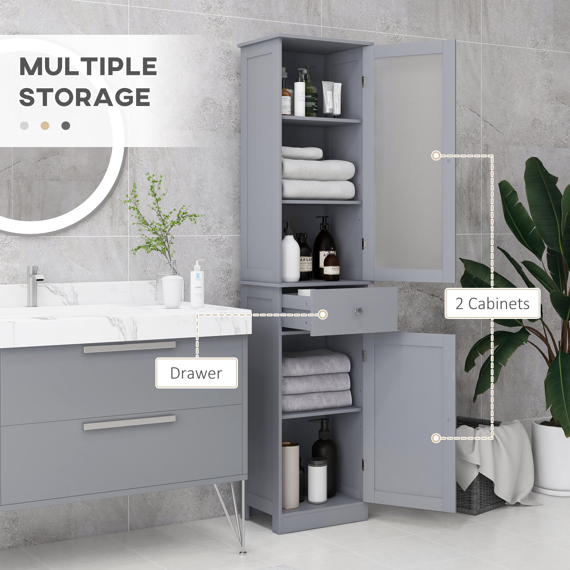 kleankin Tall Bathroom Cabinet, Narrow Storage Cabinet with Acrylic Door, Drawer, and 3 Shelves, Gray