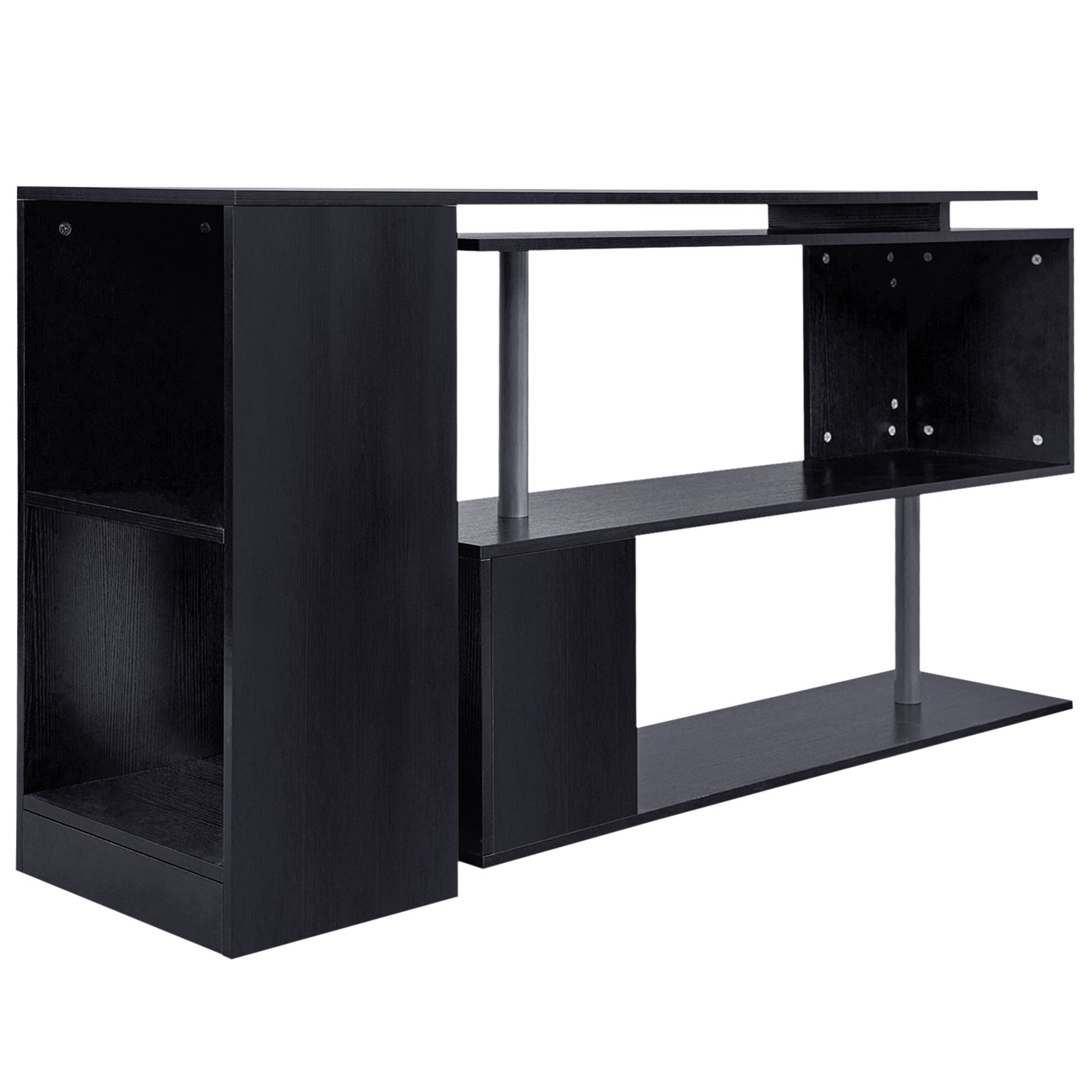 HOMCOM 55" L-Shaped Desk, 360° Rotating Corner Computer Desk, Home Office Workstation with 3-Tier Storage Shelves, Bookshelf, Black