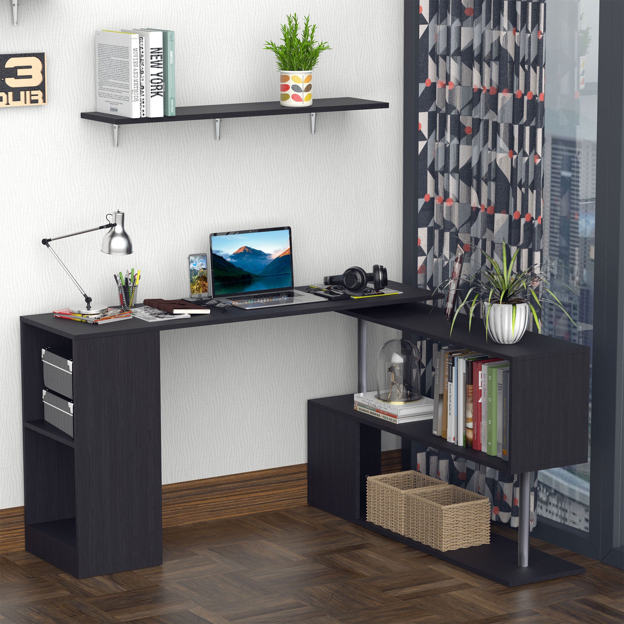 HOMCOM 55" L-Shaped Desk, 360° Rotating Corner Computer Desk, Home Office Workstation with 3-Tier Storage Shelves, Bookshelf, Black