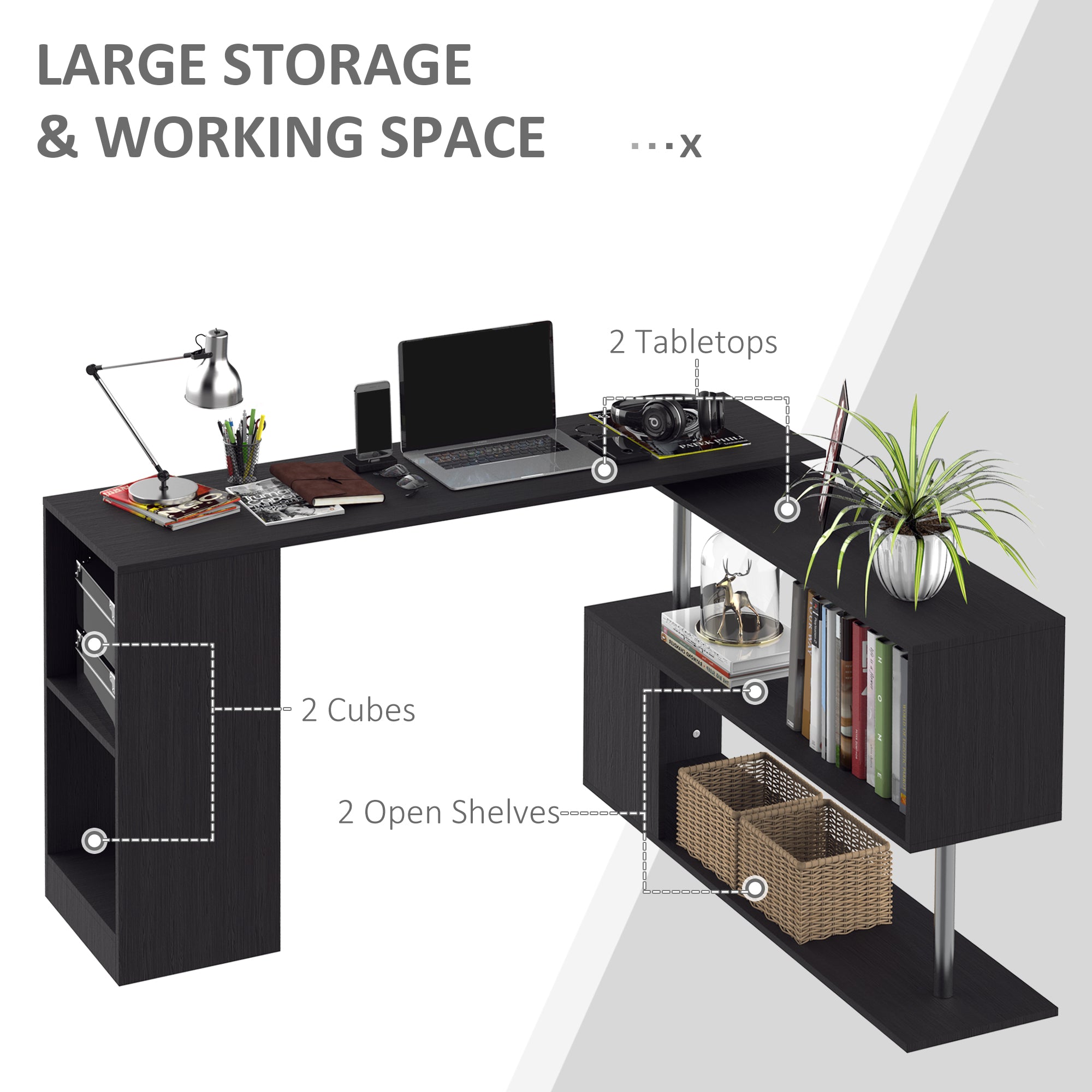 HOMCOM 55" L-Shaped Desk, 360° Rotating Corner Computer Desk, Home Office Workstation with 3-Tier Storage Shelves, Bookshelf, Black