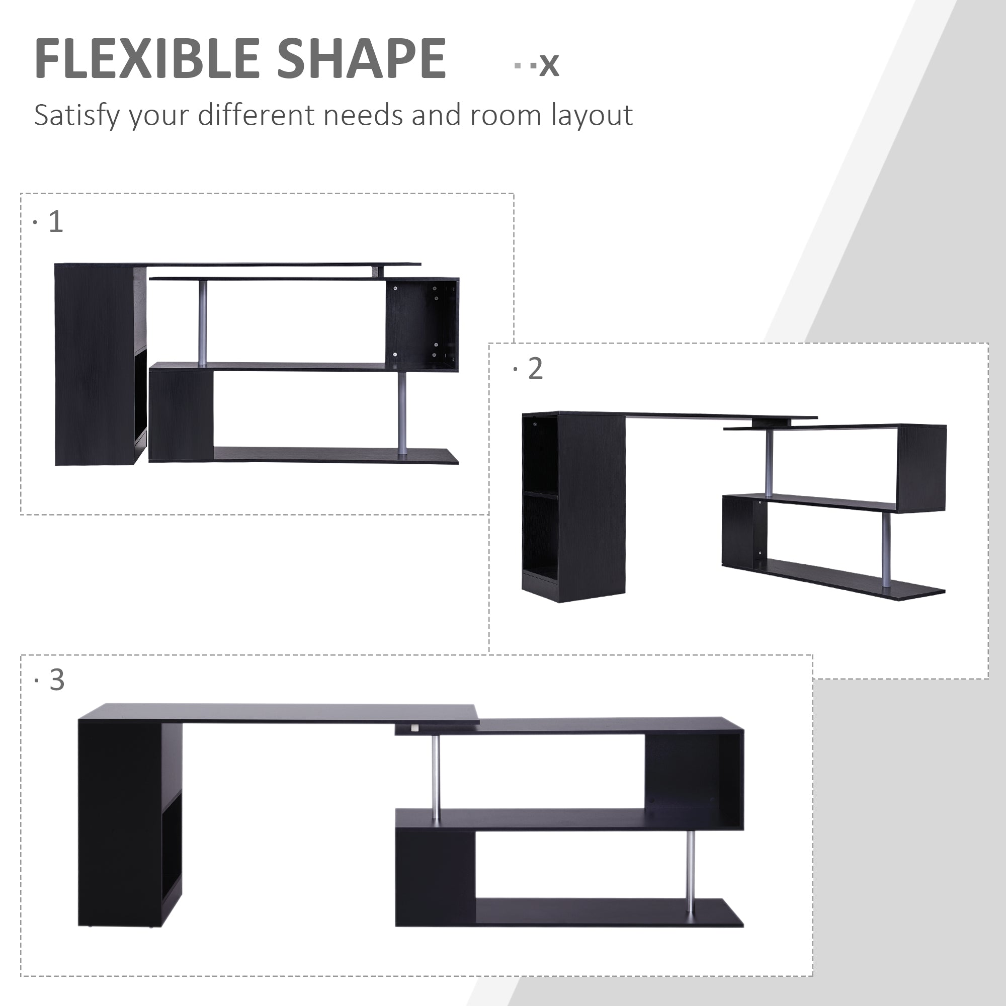 HOMCOM 55" L-Shaped Desk, 360° Rotating Corner Computer Desk, Home Office Workstation with 3-Tier Storage Shelves, Bookshelf, Black