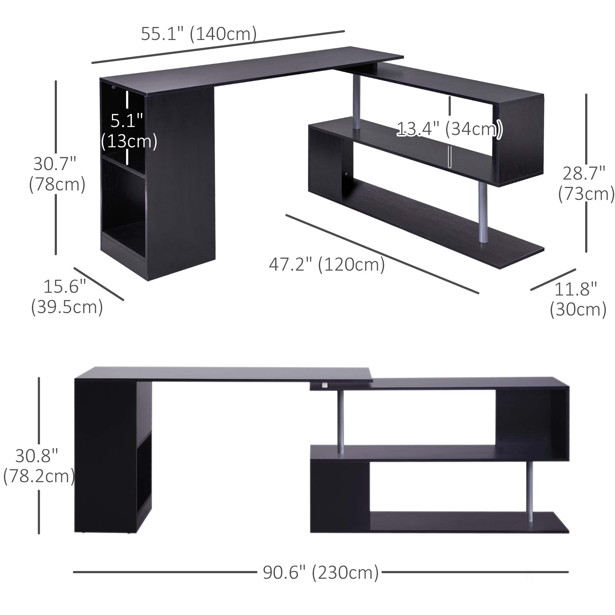 HOMCOM 55" L-Shaped Desk, 360° Rotating Corner Computer Desk, Home Office Workstation with 3-Tier Storage Shelves, Bookshelf, Black