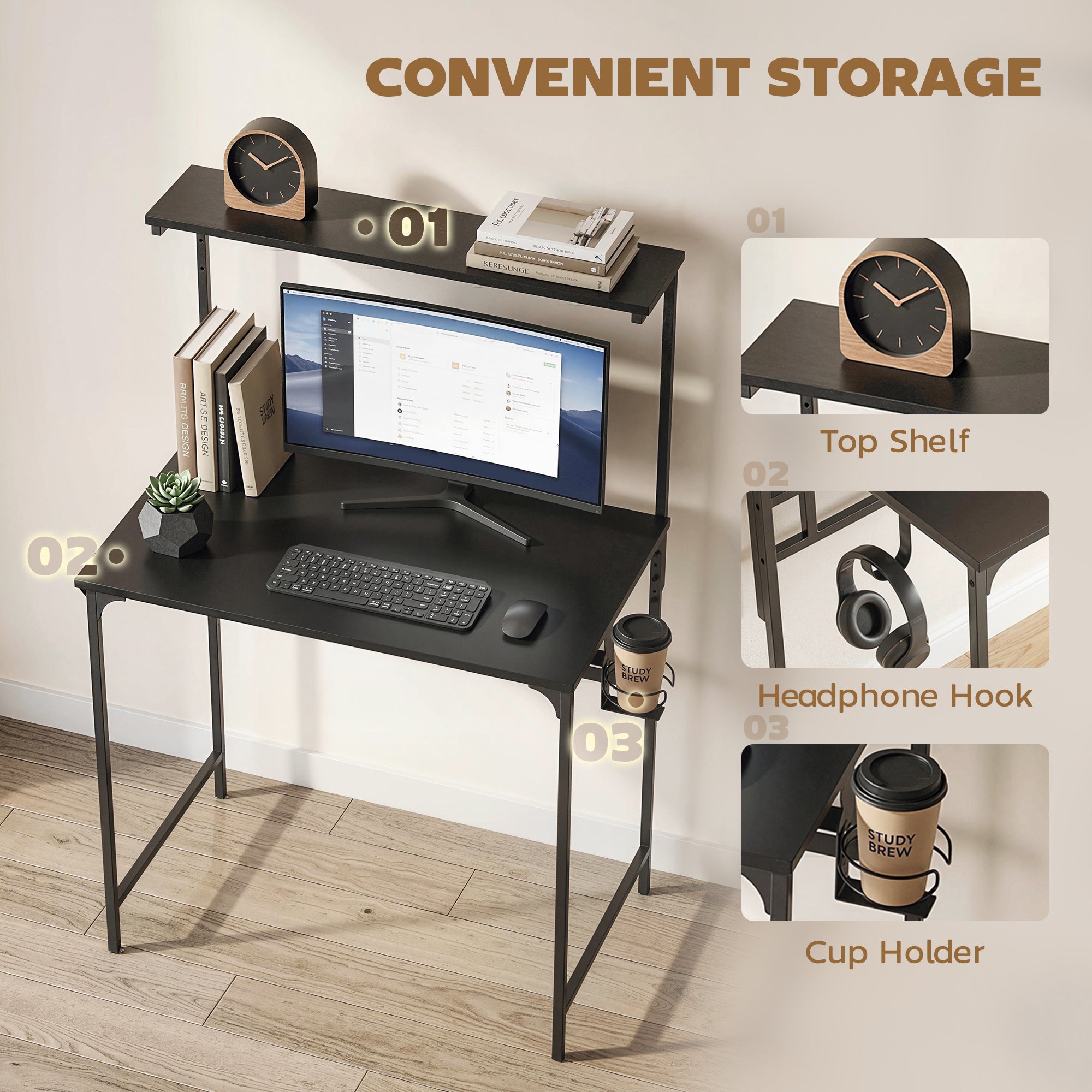 Computer Desk, 80cm Home Office Study Table with Hutch Shelf, Cup Holder, Headphone Hook, Metal Frame, Space Saving Writing Desk, Black