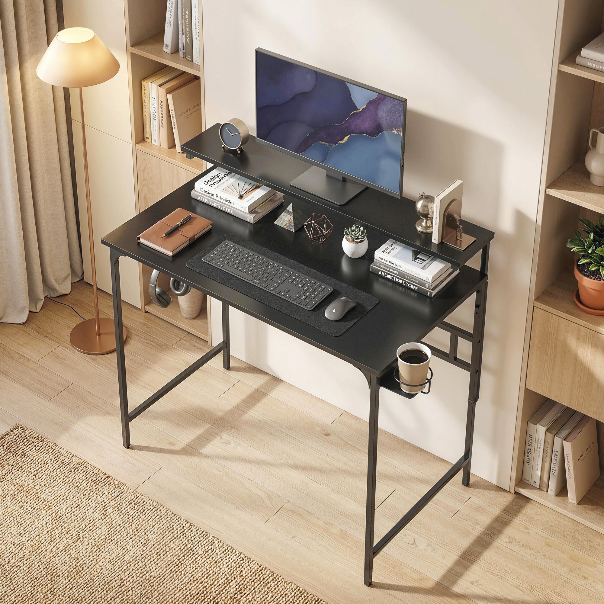 Computer Desk, 80cm Home Office Study Table with Hutch Shelf, Cup Holder, Headphone Hook, Metal Frame, Space Saving Writing Desk, Black