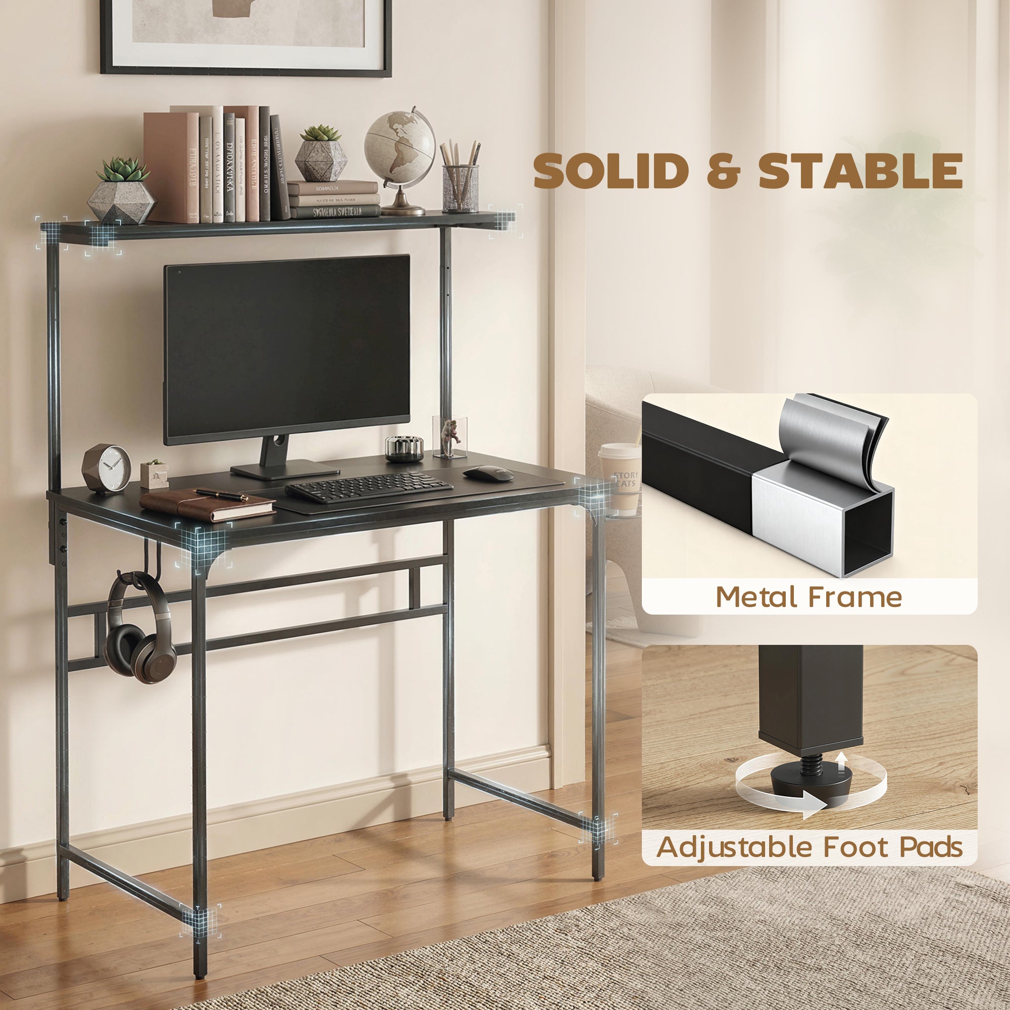 Computer Desk, 80cm Home Office Study Table with Hutch Shelf, Cup Holder, Headphone Hook, Metal Frame, Space Saving Writing Desk, Black