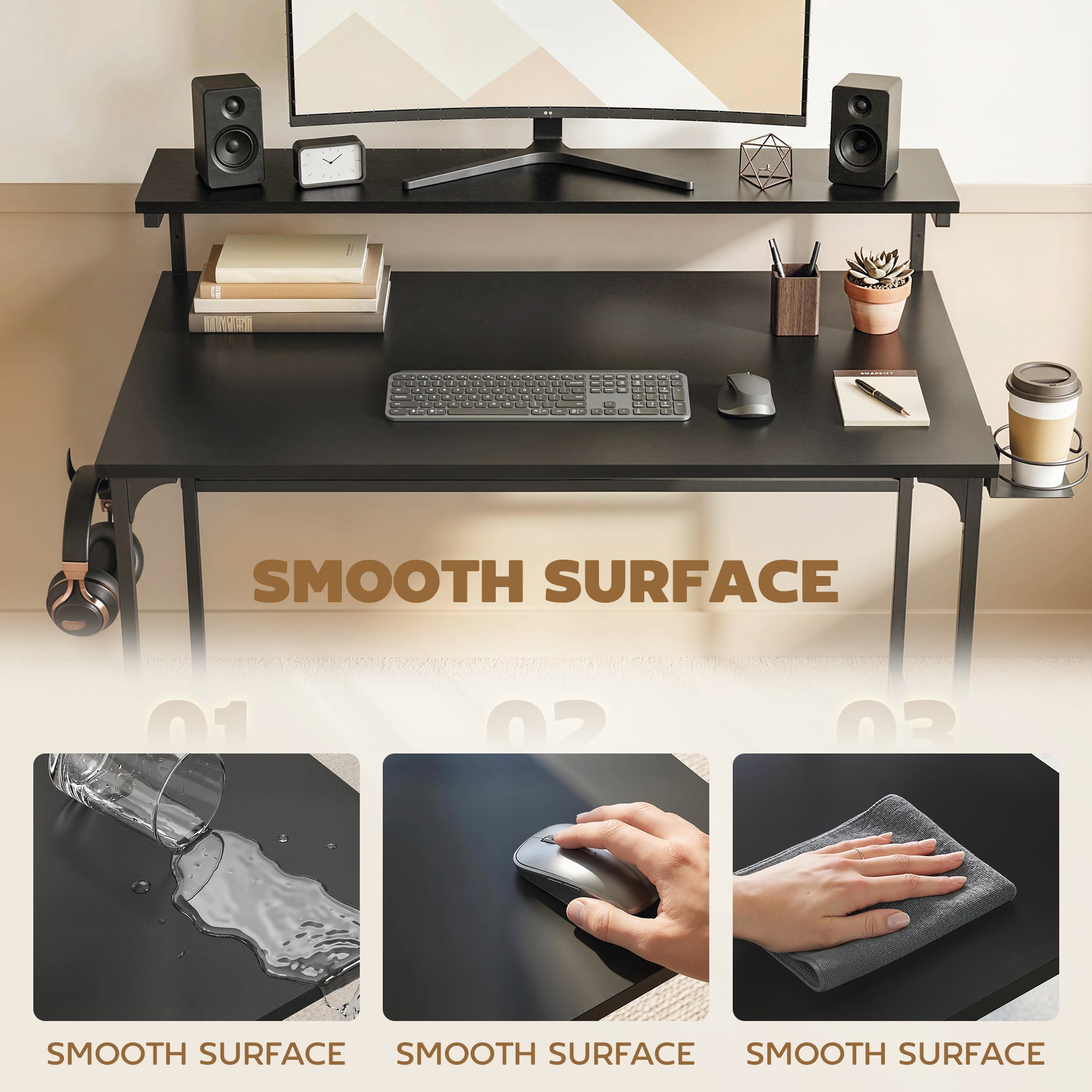 Computer Desk, 80cm Home Office Study Table with Hutch Shelf, Cup Holder, Headphone Hook, Metal Frame, Space Saving Writing Desk, Black